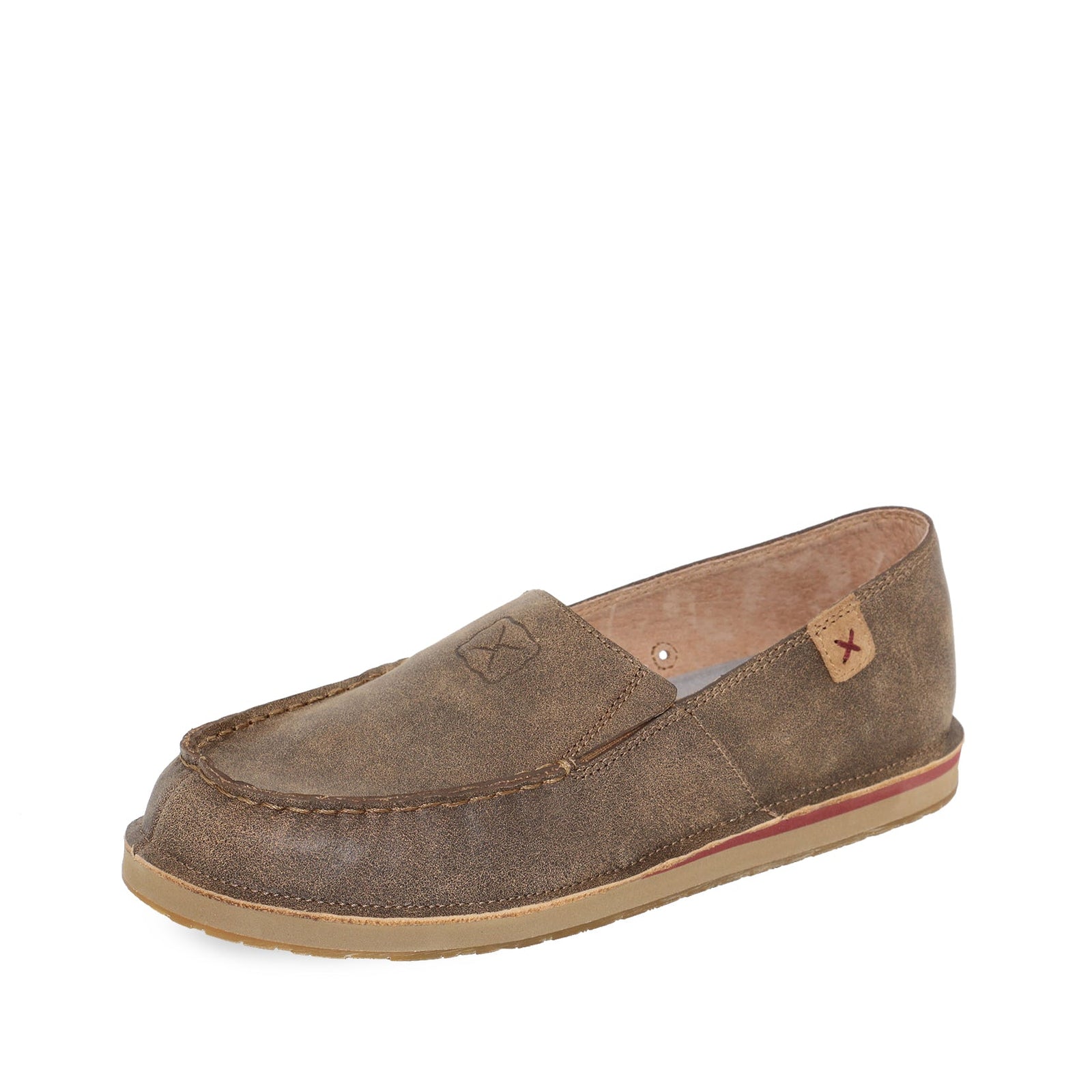 Twisted X Women's Leather Loafer. A brown Twisted X women's leather loafer with a closed heel and strap details.