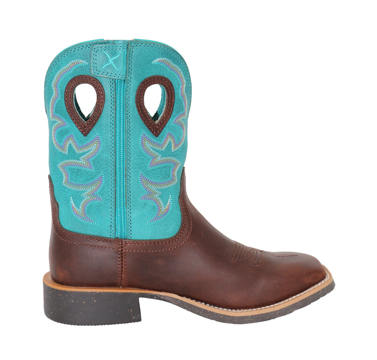 Twisted X Women's 9" Tech 2 Zip Western Boot. Brown cowboy boot with turquoise top on a white background
