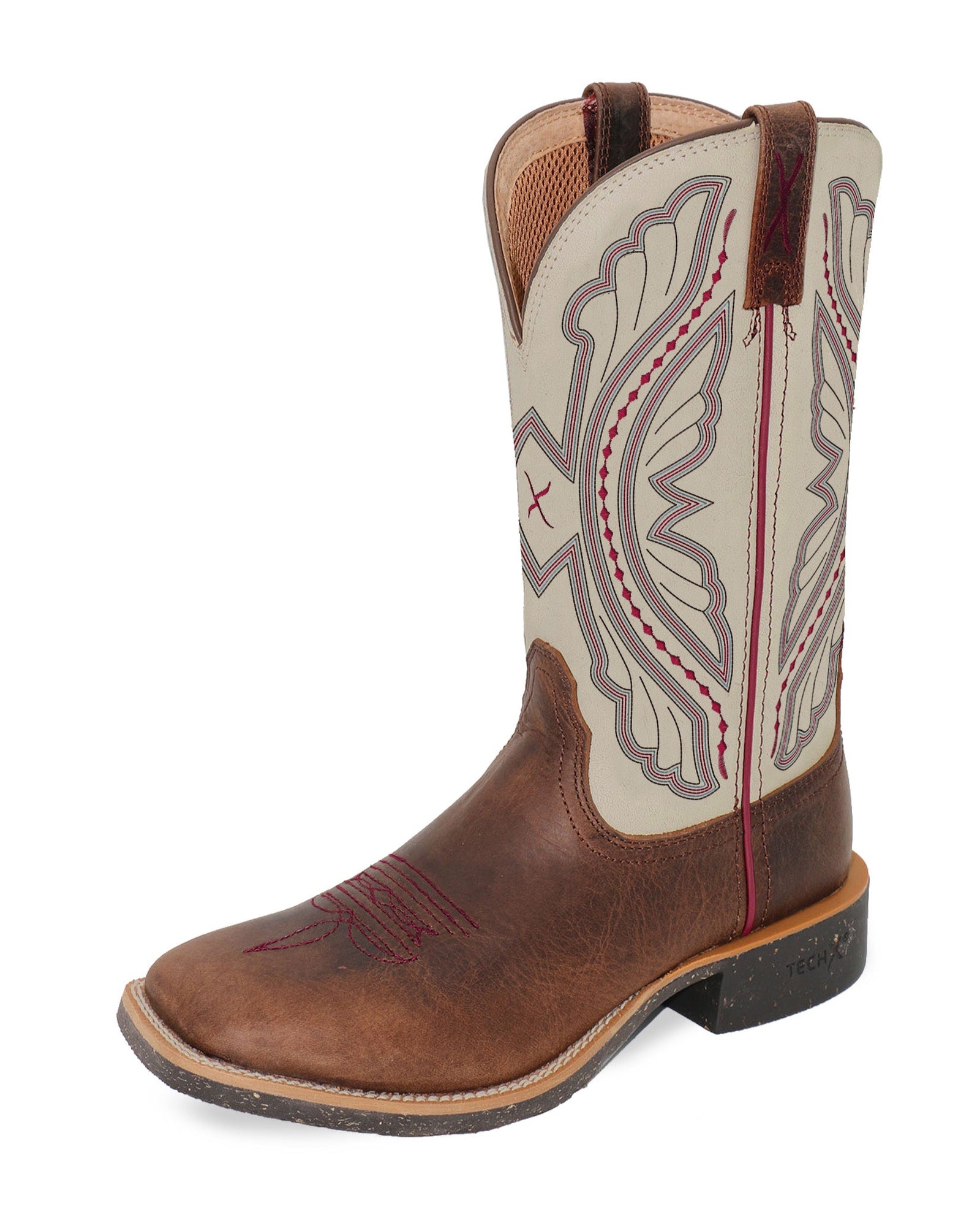 Twisted X Women's 11" Tech X2 Western Boot. A women's Twisted X Western boot with a brown and beige top and a flat heel.