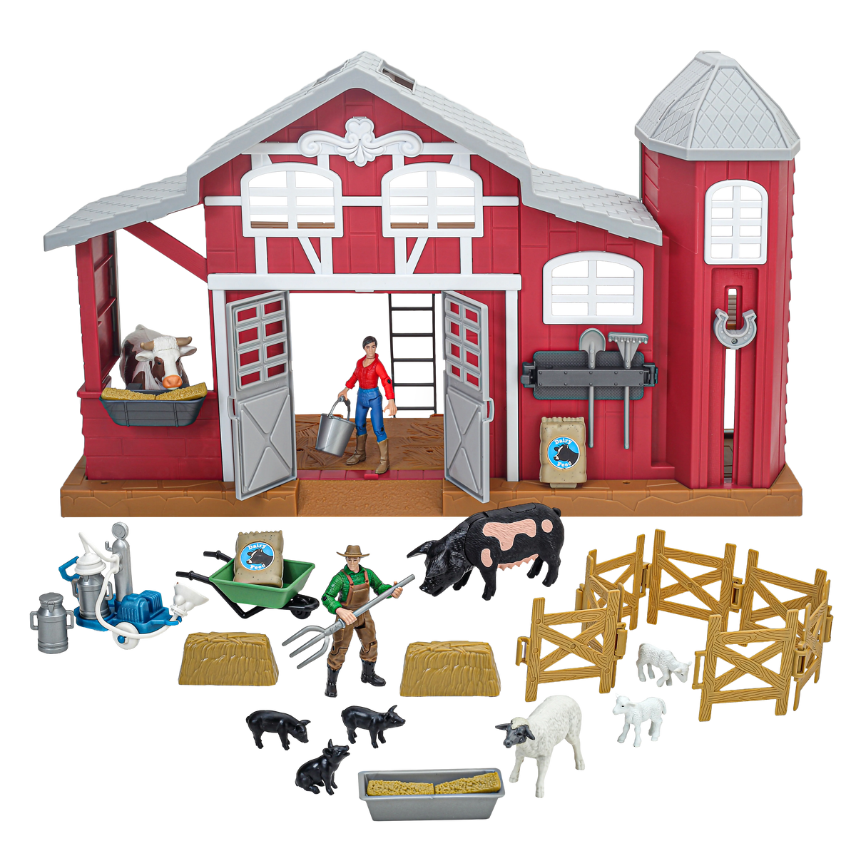 Toy barn set with figures and accessories on a white background