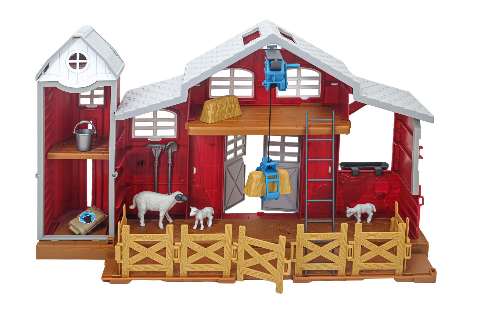 Toy barn set with figures and accessories on a white background