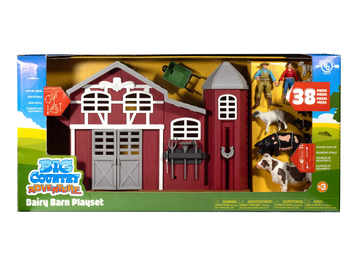 Toy dairy barn playset packaging with farm animals and people on a white background