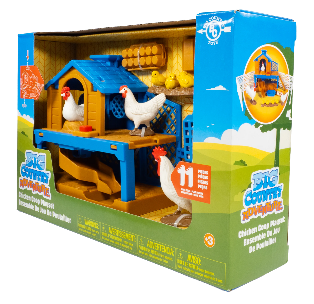 Big Country Adventure Chicken Coop Playset in its retail packaging, featuring a toy coop with white chicken figures, yellow eggs, and a blue roof.