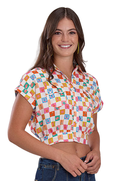 Roper Women's Five Star S/S Western Blouse. Woman wearing a colorful checkered shirt against a plain background