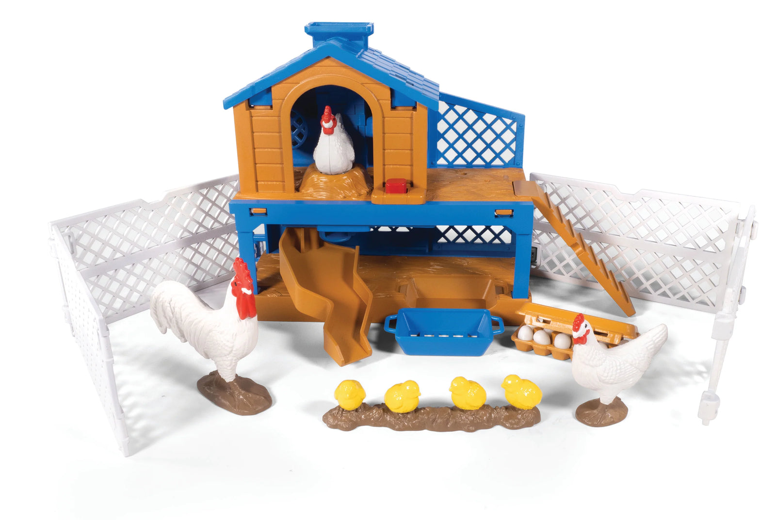 Toy chicken coop with chickens and eggs on a white background