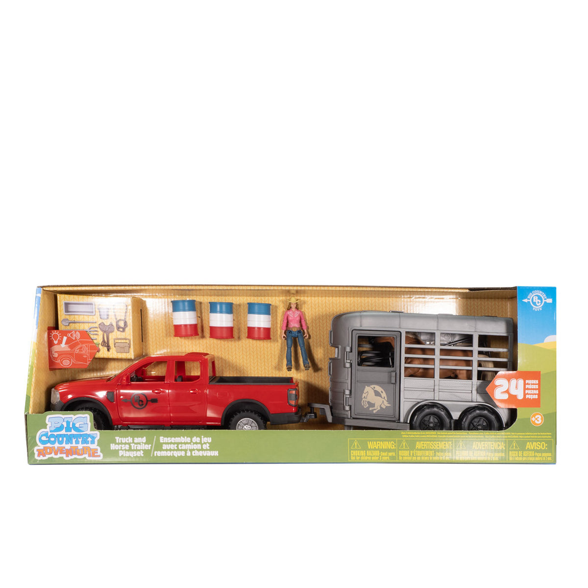 A boxed toy set from Pic Country Ranch featuring a red pickup truck, a gray livestock trailer, small barrels, a figure, and accessories, shown in retail packaging against a white background.