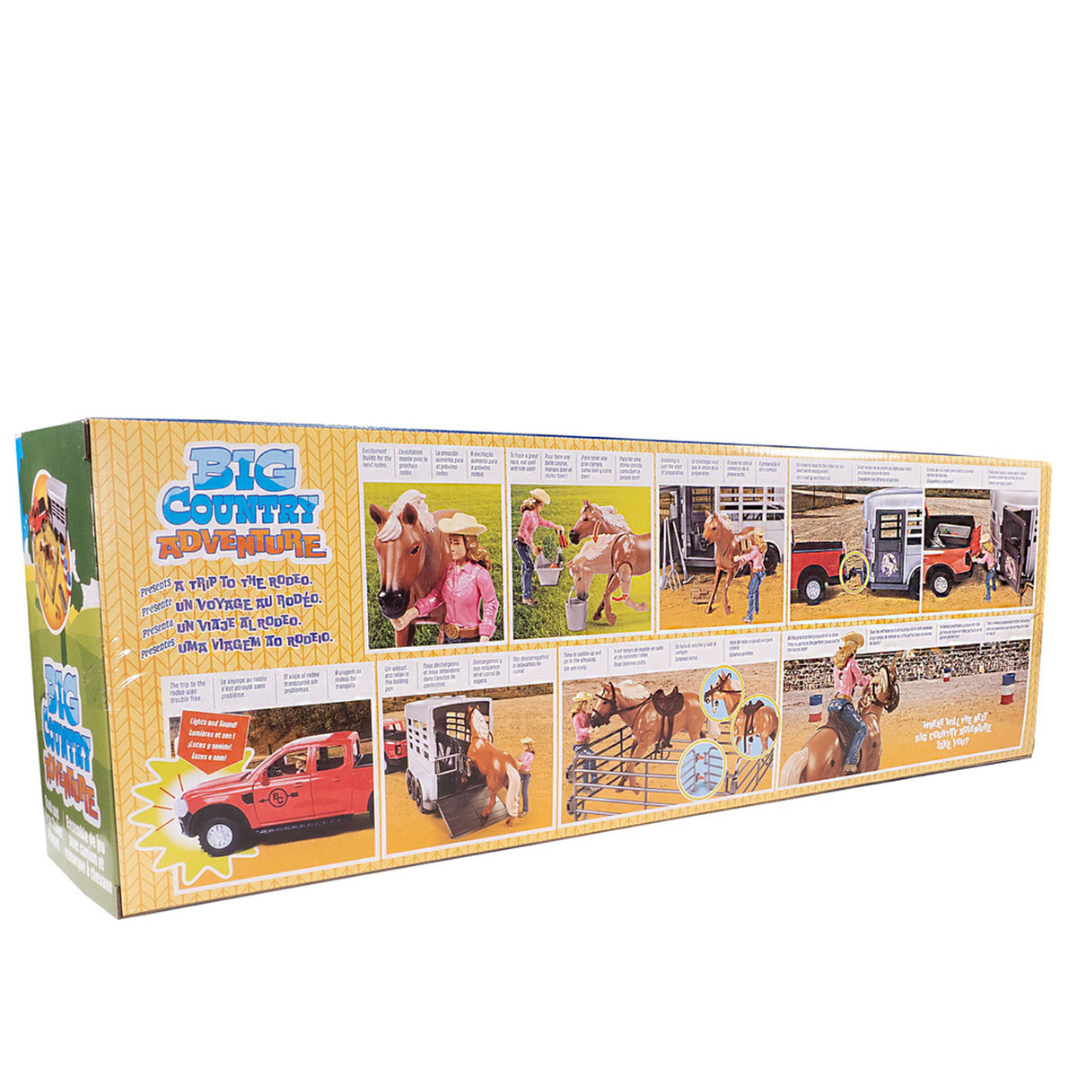 A toy horse riding set in a red pickup truck, shown in its original retail packaging box. The box features colorful illustrations of children riding horses and interacting with the truck, set against a plain white background.