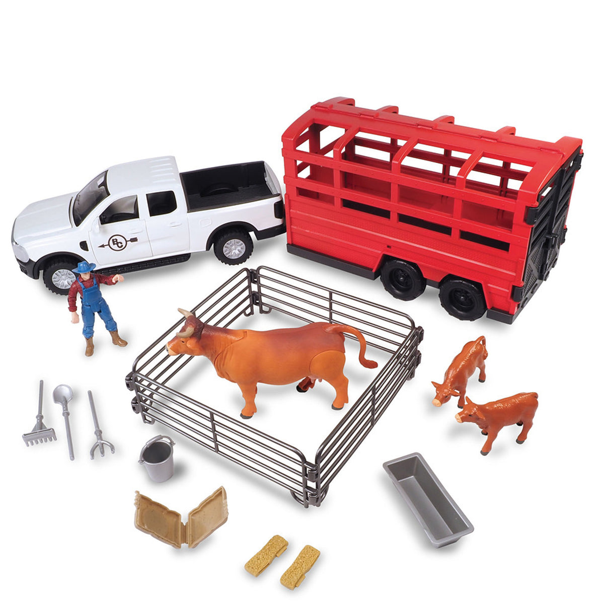 A toy farm and livestock transport set on a white background, including a white pickup truck, red livestock trailer, metal pen with an orange cow, smaller cow figures, a farmer figure, and small farming accessories.