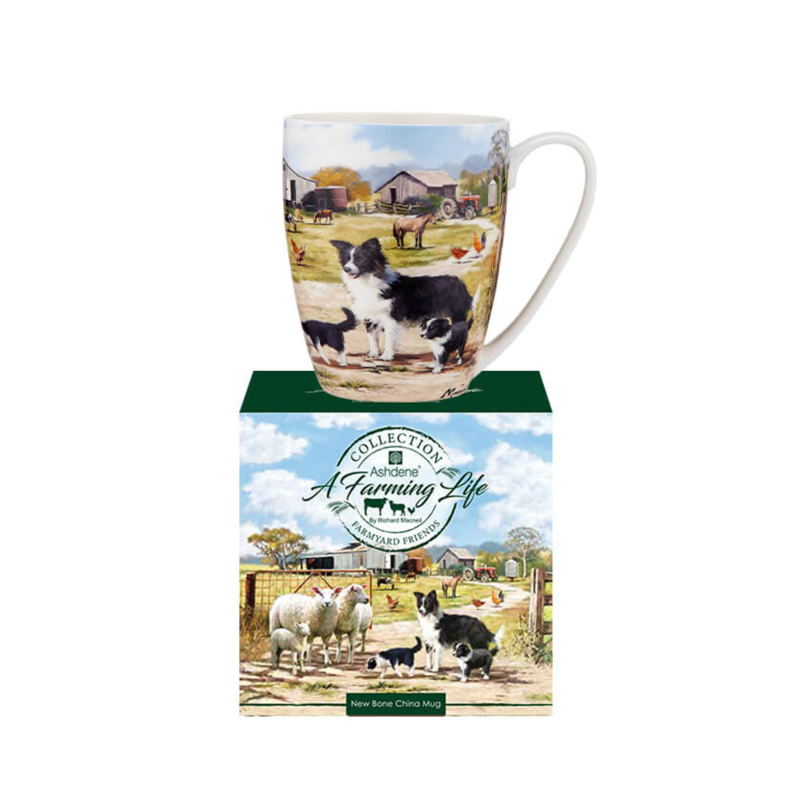 Ashdene A Farming Life: Farmyard Friends Mug. Mug with farm scene design on a matching box, featuring animals and a barn.