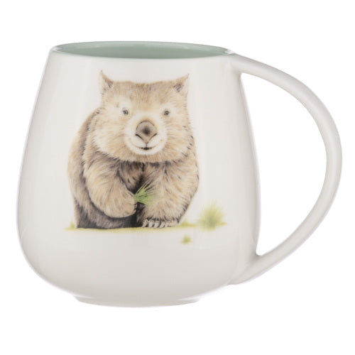 Ashdene Bush Buddies Wombat Snuggle Mug. A white ceramic mug with a 500ml capacity featuring an illustration of a wombat on the front.