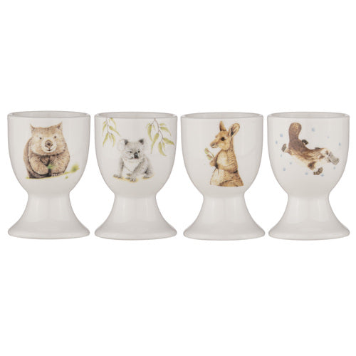 Ashdene Bush Buddies Set of 4 Egg Cup. A set of 4 egg cups with illustrations of Australian wildlife, including a koala, a bird, a kangaroo, and a platypus, on a white background.