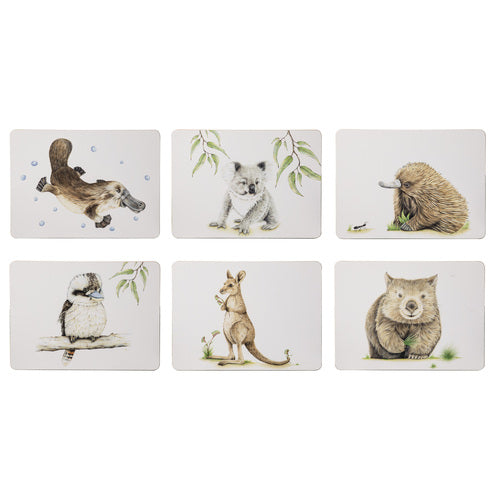 Ashdene Bush Buddies 6pk Placemats. A set of six Ashdene Bush Buddies placemats with various Australian animal illustrations, including a platypus, koala, echidna, kookaburra, kangaroo, and wombat.