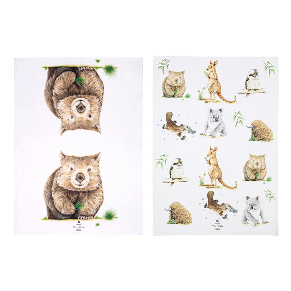 Ashdene Wombat 2pk Kitchen Towel. Two kitchen towels with illustrations of wombats and other Australian animals.