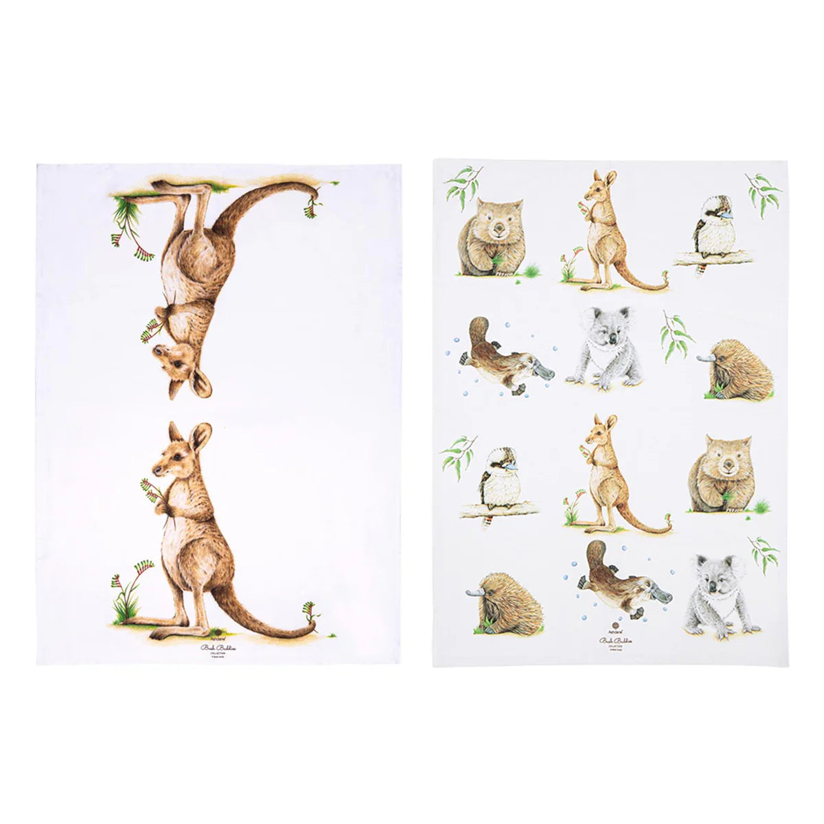 Ashdene Bush Buddies Kangaroo 2pk Kitchen Towel. Two kitchen towels with illustrations of Australian animals, including kangaroos, a koala, and a platypus, in a watercolor style.