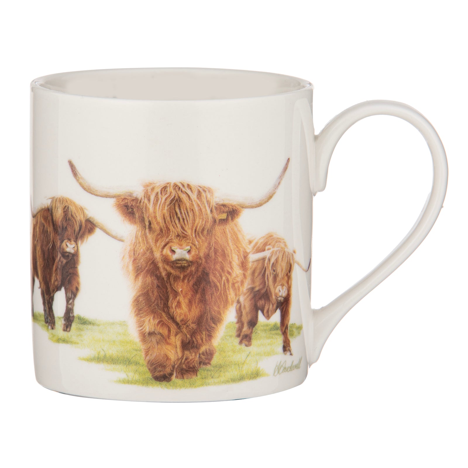 Ashdene Highland Herd Mug. A white ceramic mug with an illustration of three Highland cows on the side, with a handle on the right side.