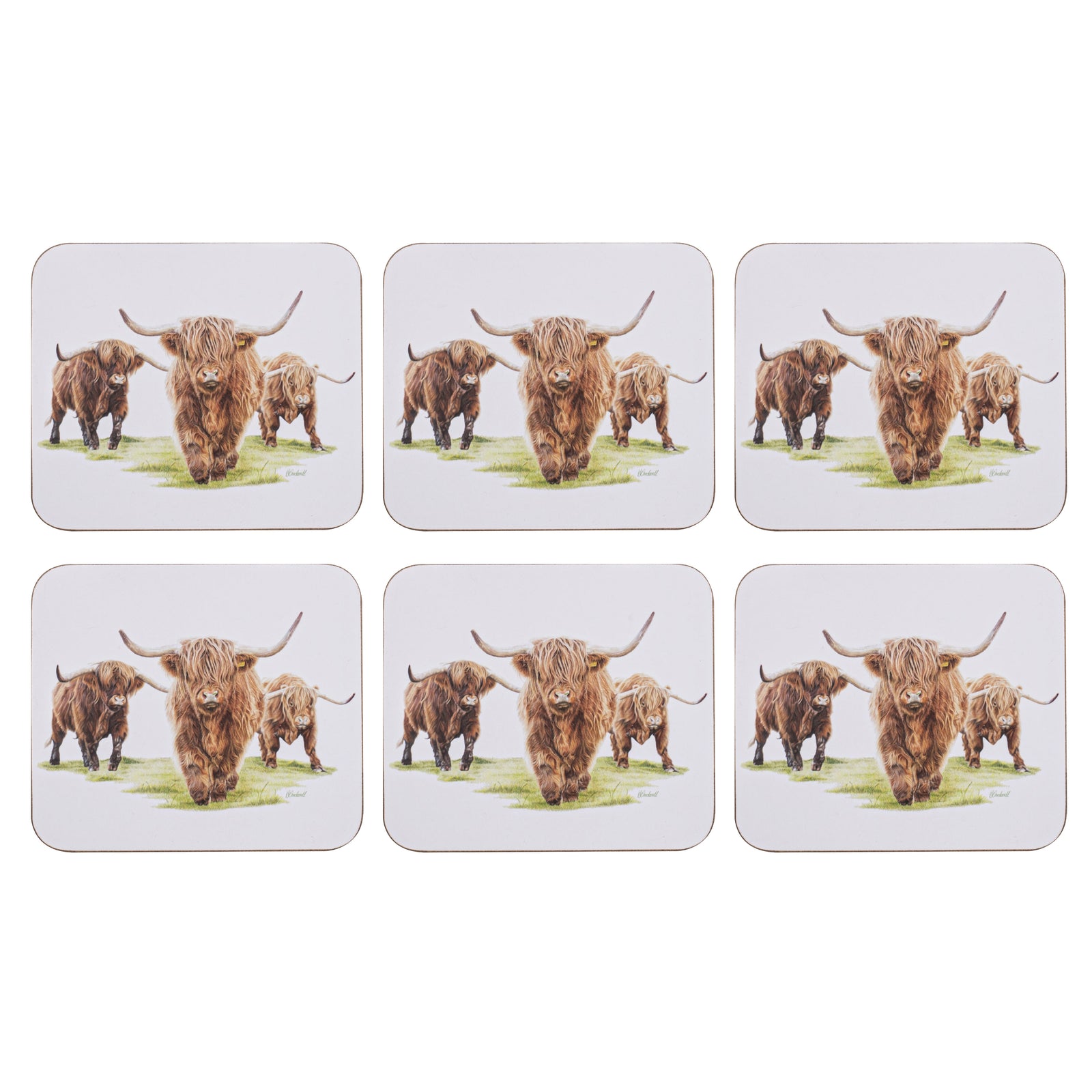 Ashdene Highland Herd 6pk Coaster. A set of six coasters with an image of Highland cows on them, with a white background.