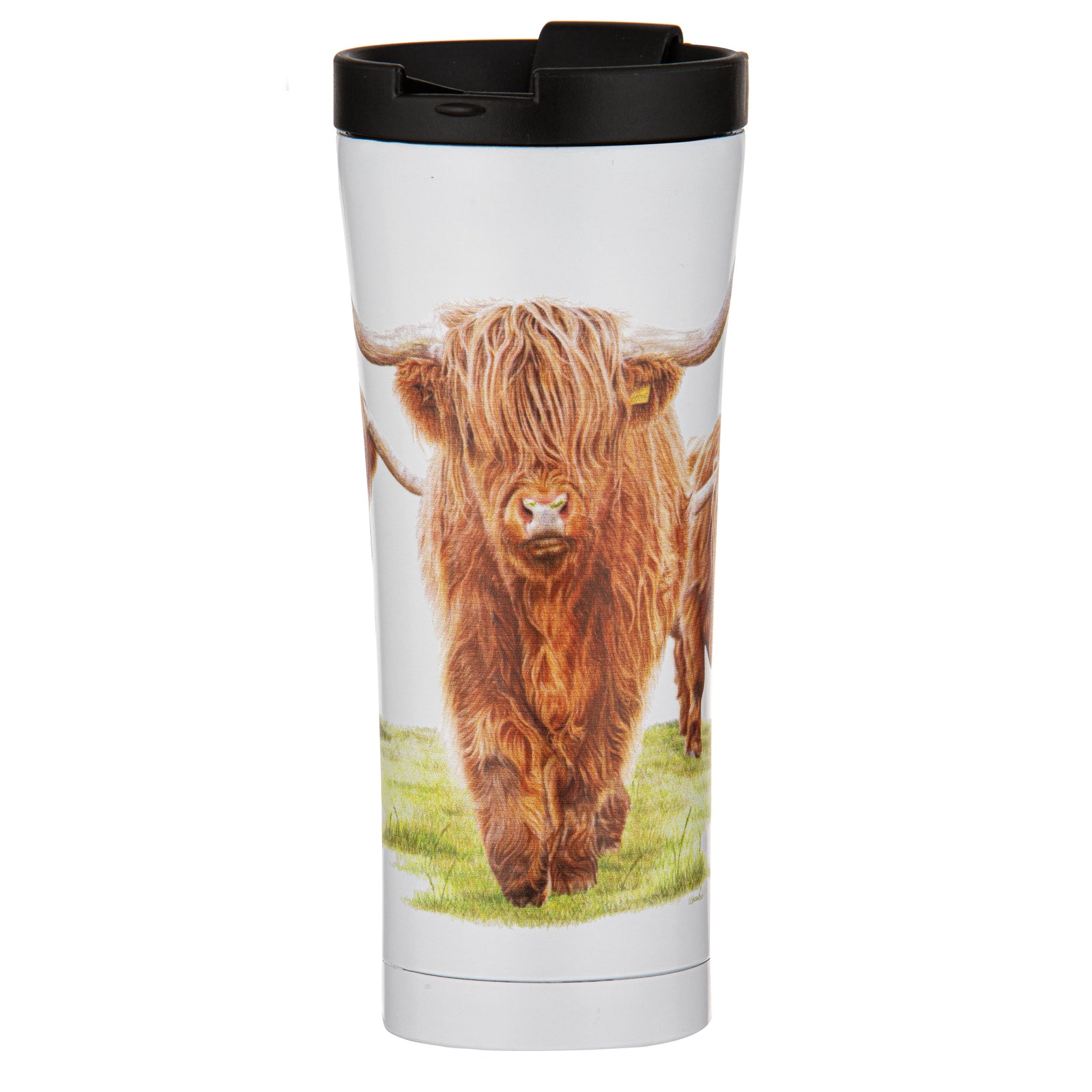 Ashdene Highland Herd Travel Mug. A white insulated travel mug with a leak proof lid featuring artwork of three Highland cows by Harriet Blaskett.