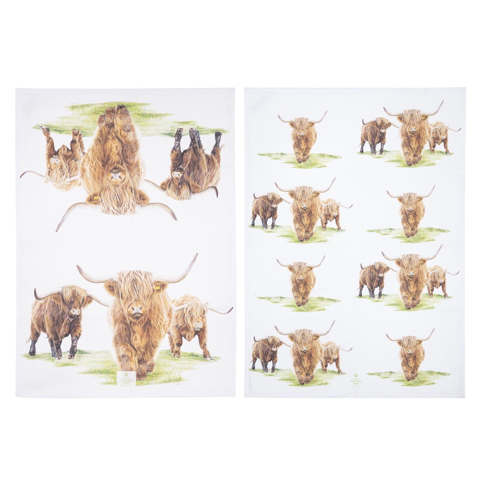 Ashdene Highland Herd 2 Pack Kitchen Towel. Two kitchen towels with a printed design of Highland Cows on a green and white background.