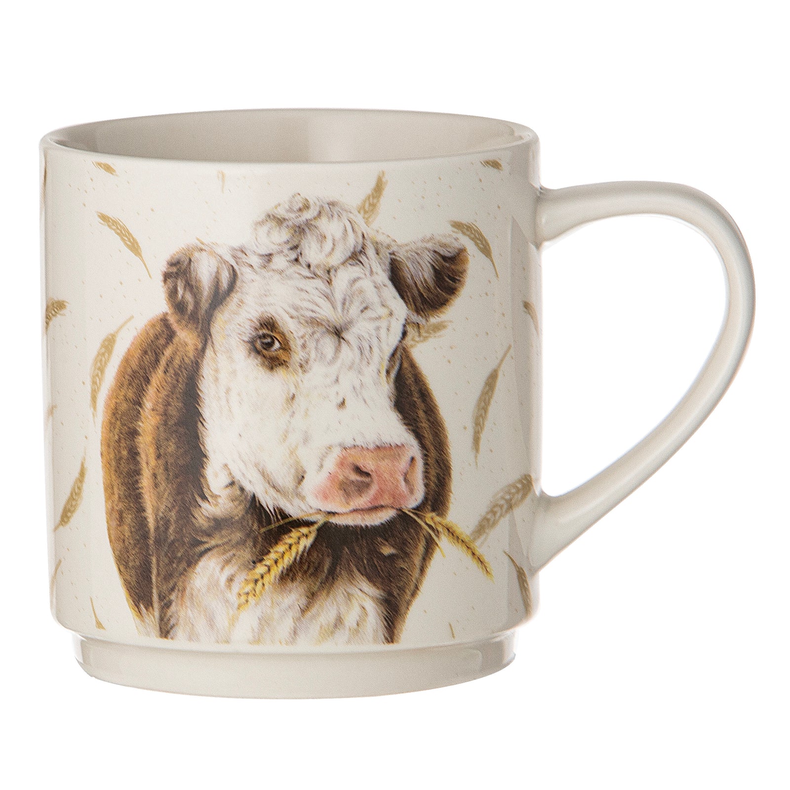 Ashdene Farmyard Faces Stackable 4pk Mugs. Cow mug on a white background.