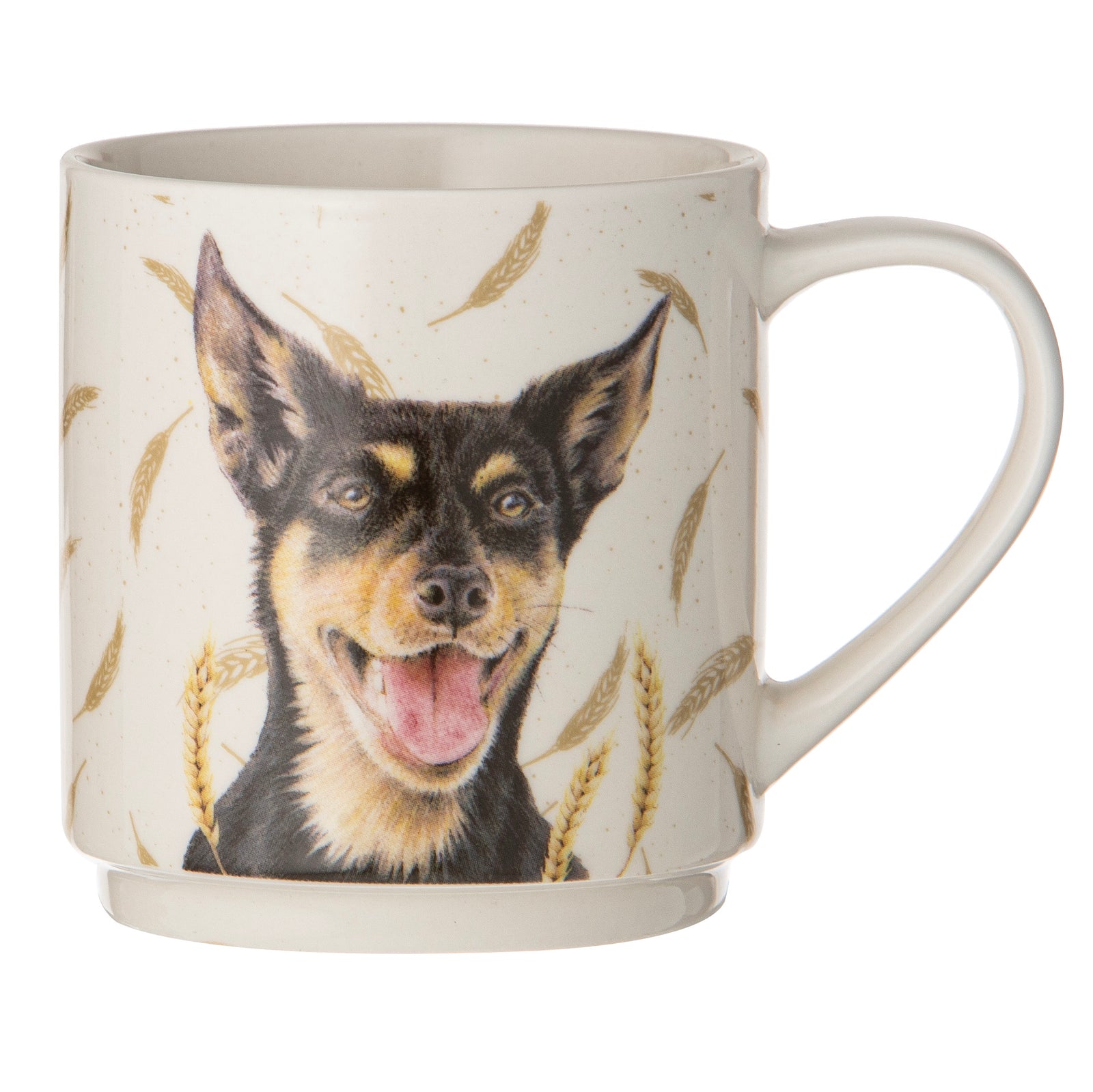 Ashdene Farmyard Faces Stackable 4pk Mugs. Kelpie mug on a white background.