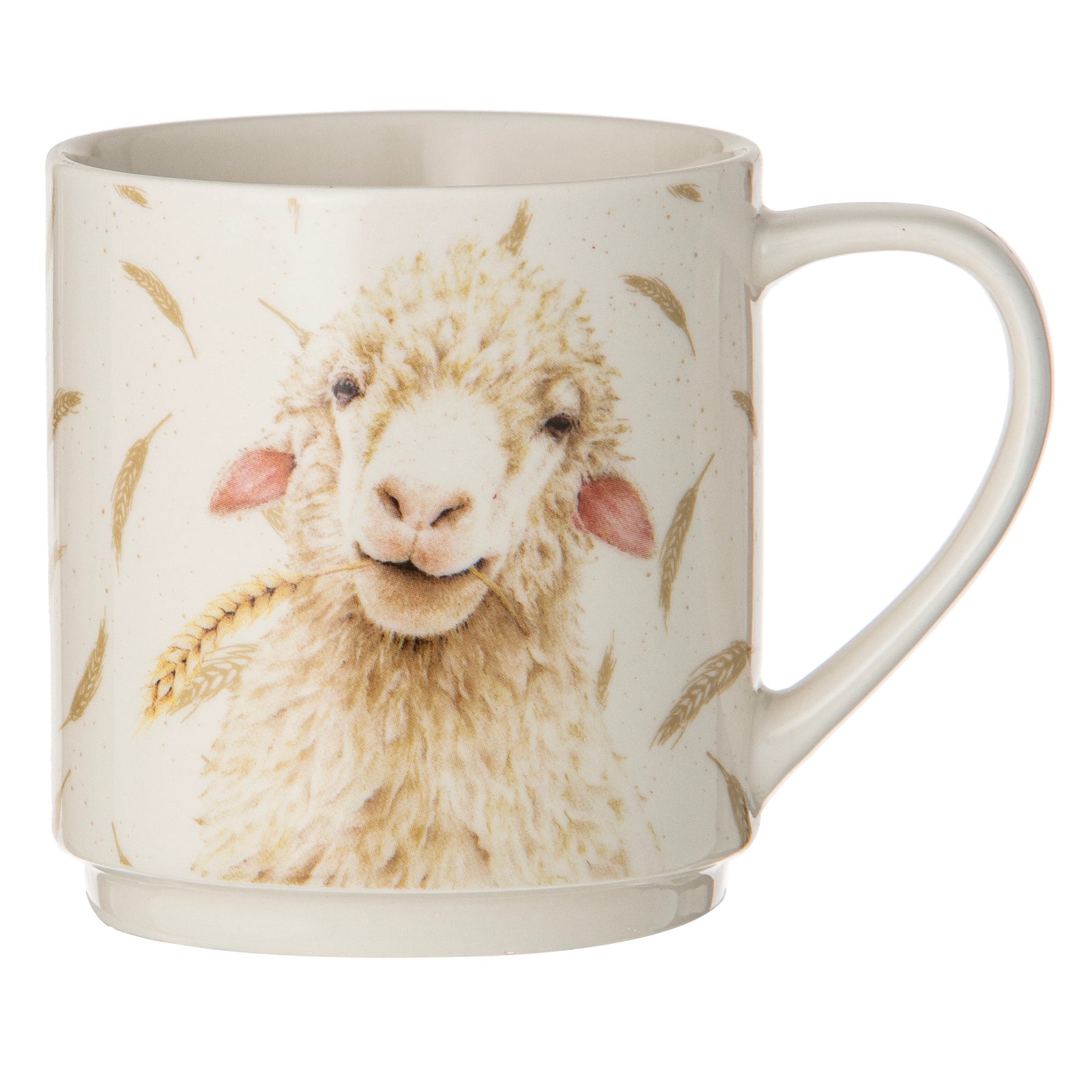 Ashdene Farmyard Faces Stackable 4pk Mugs. A set of four stackable bone china mugs, each featuring a different farm animal face illustration, in a beige and brown color palette.