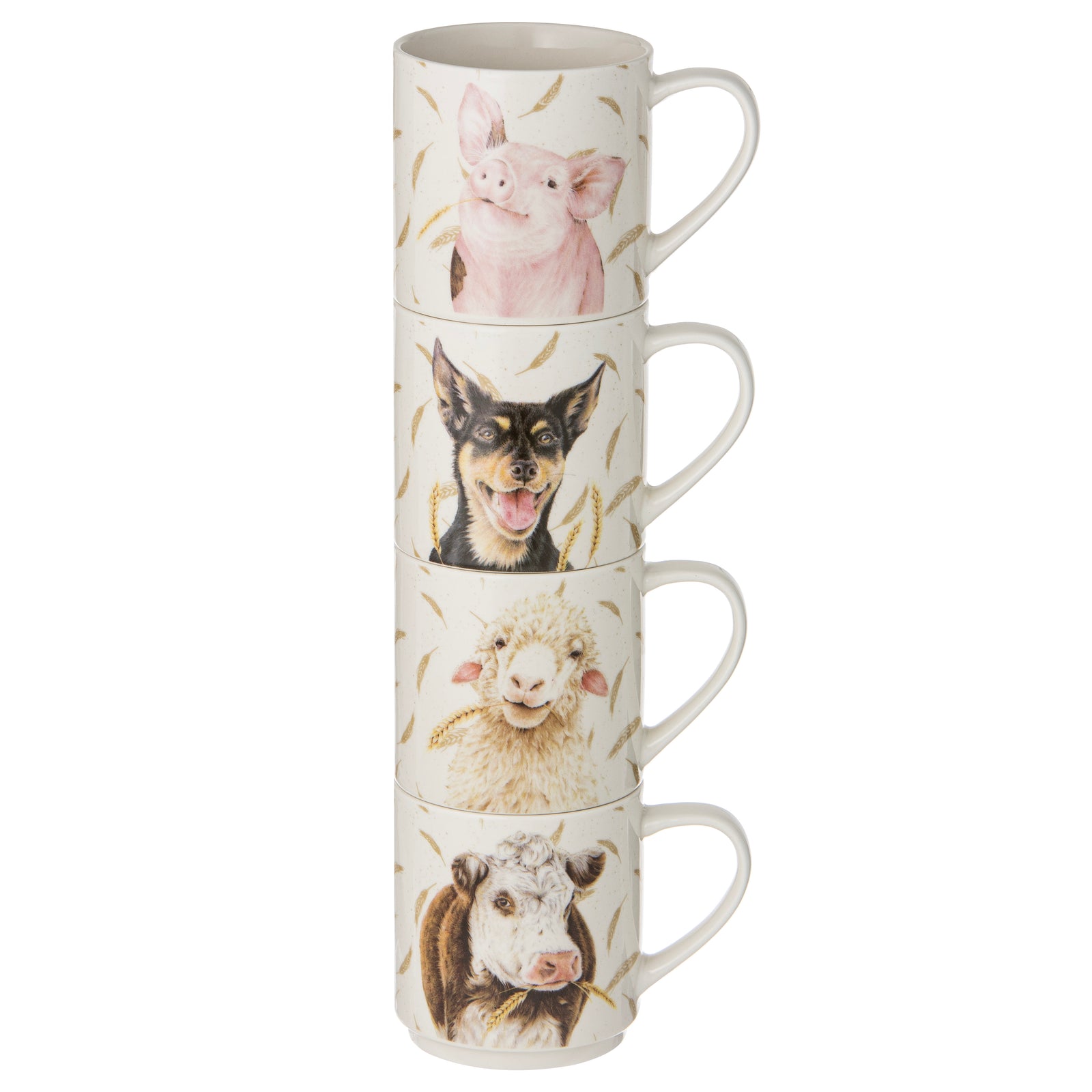 Ashdene Farmyard Faces Stackable 4pk Mugs. A set of four stackable bone china mugs, each featuring a different farm animal face illustration, in a beige and brown color palette.