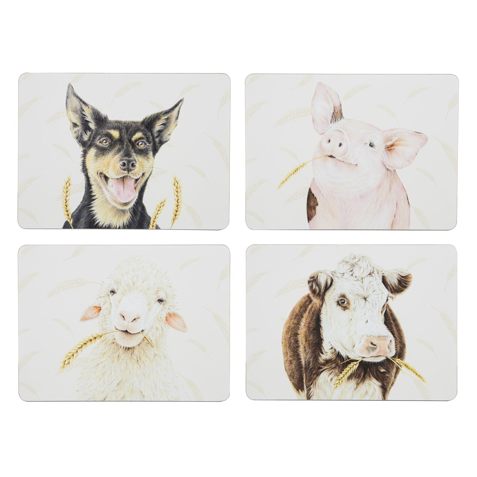 Ashdene Farmyard Faces 4pk Placemat. A set of four Ashdene Farmyard Faces placemats, each featuring a colorful illustration of a farm animal, including a dog, pig, sheep, and cow.