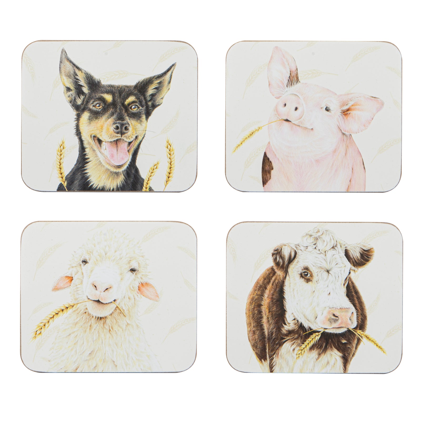 Ashdene Farmyard Faces Assorted 4pk Coaster. A set of four coasters, each featuring a colorful illustration of a farm animal, including a dog, pig, sheep, and cow.