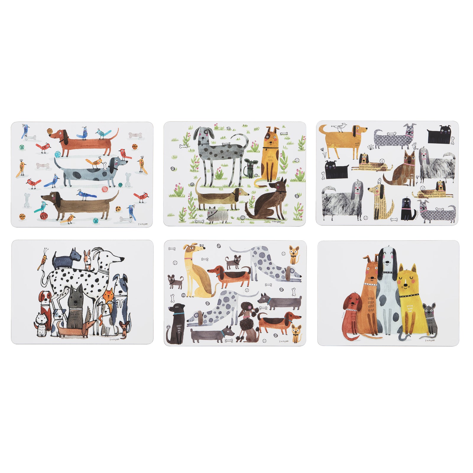 Ashdene Canine Capers Assorted 6pk Placemats. A set of six placemats featuring various cartoon-style dogs in different settings, such as standing, sitting, and lying positions.