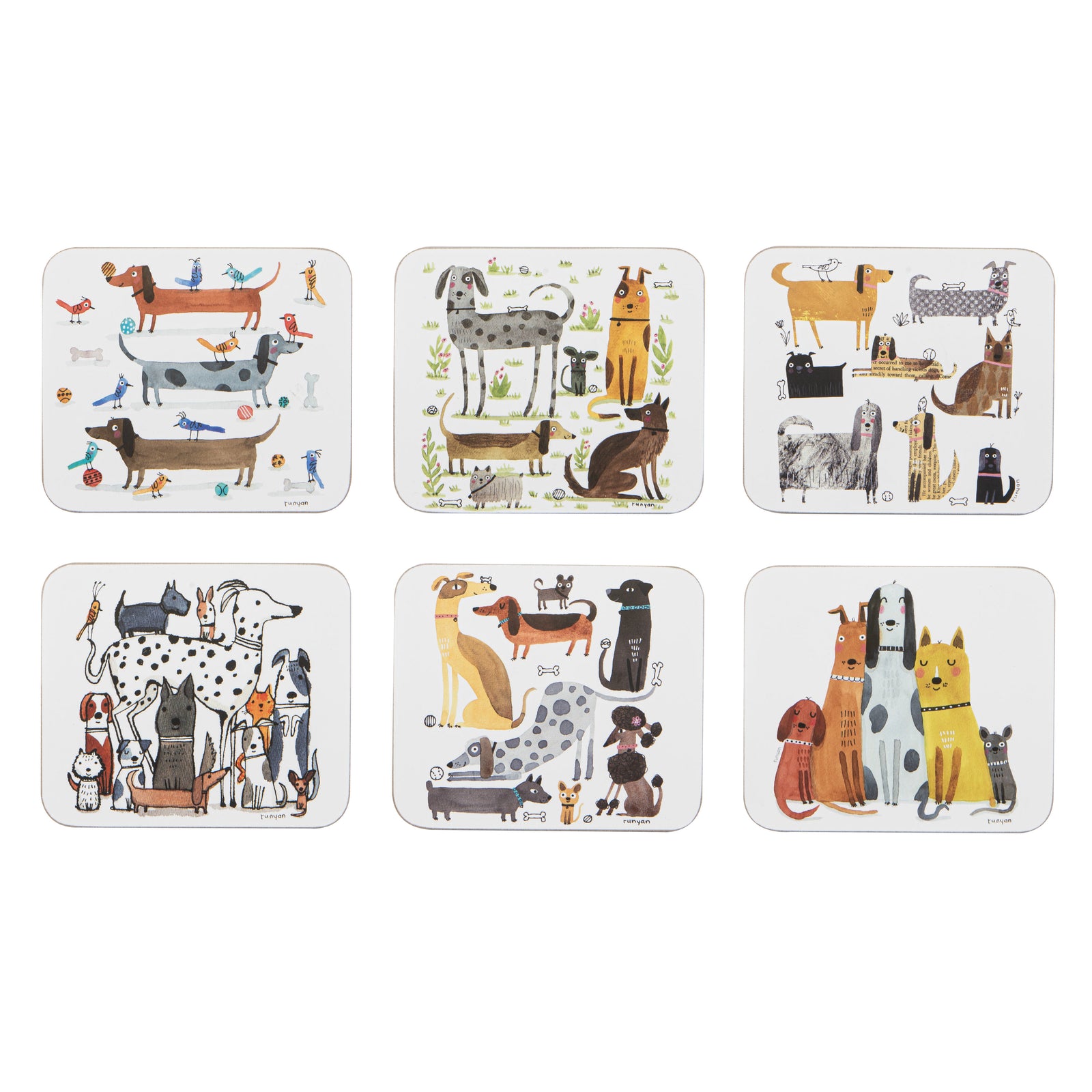 Ashdene Canine Capers Assorted 6pk Coasters. A set of six coasters, each featuring a playful illustration of various dogs.