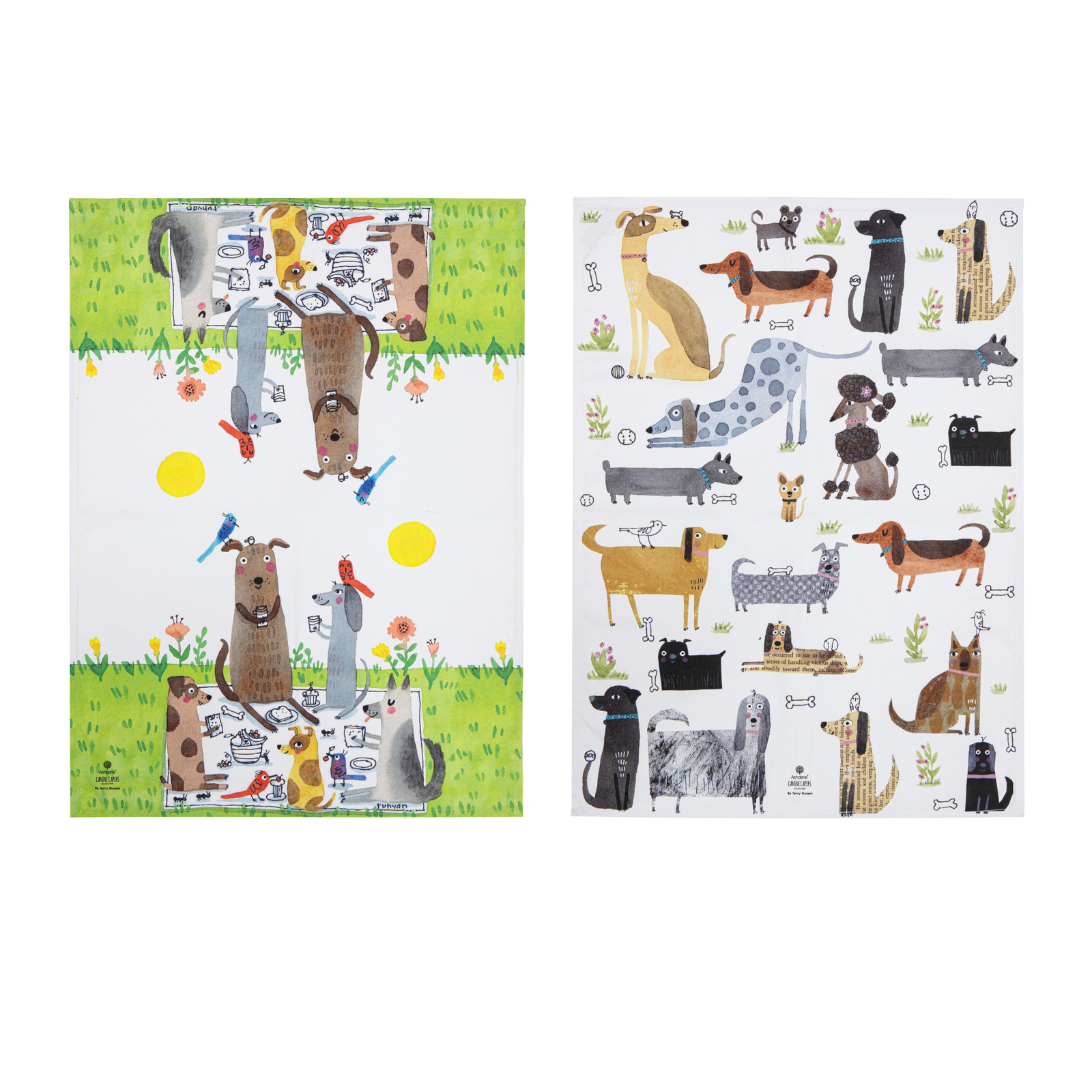 Canine Capers Puppers 2pk Kitchen Towels on white background.