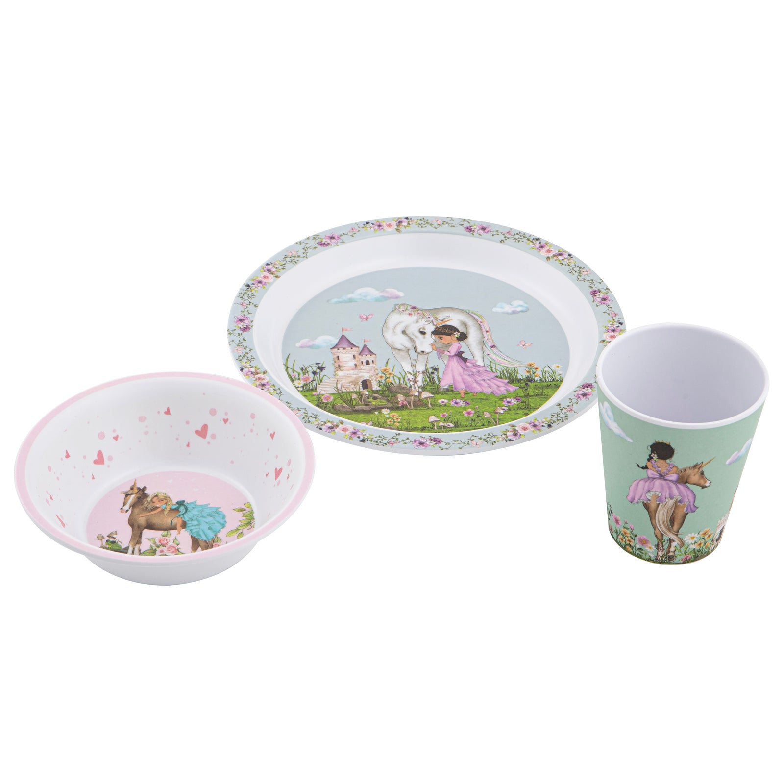 Ashdene My Unicorn 3 Piece Kids Dinner Set. Children's dinner set with plate, bowl, and cup featuring illustrations on a white background