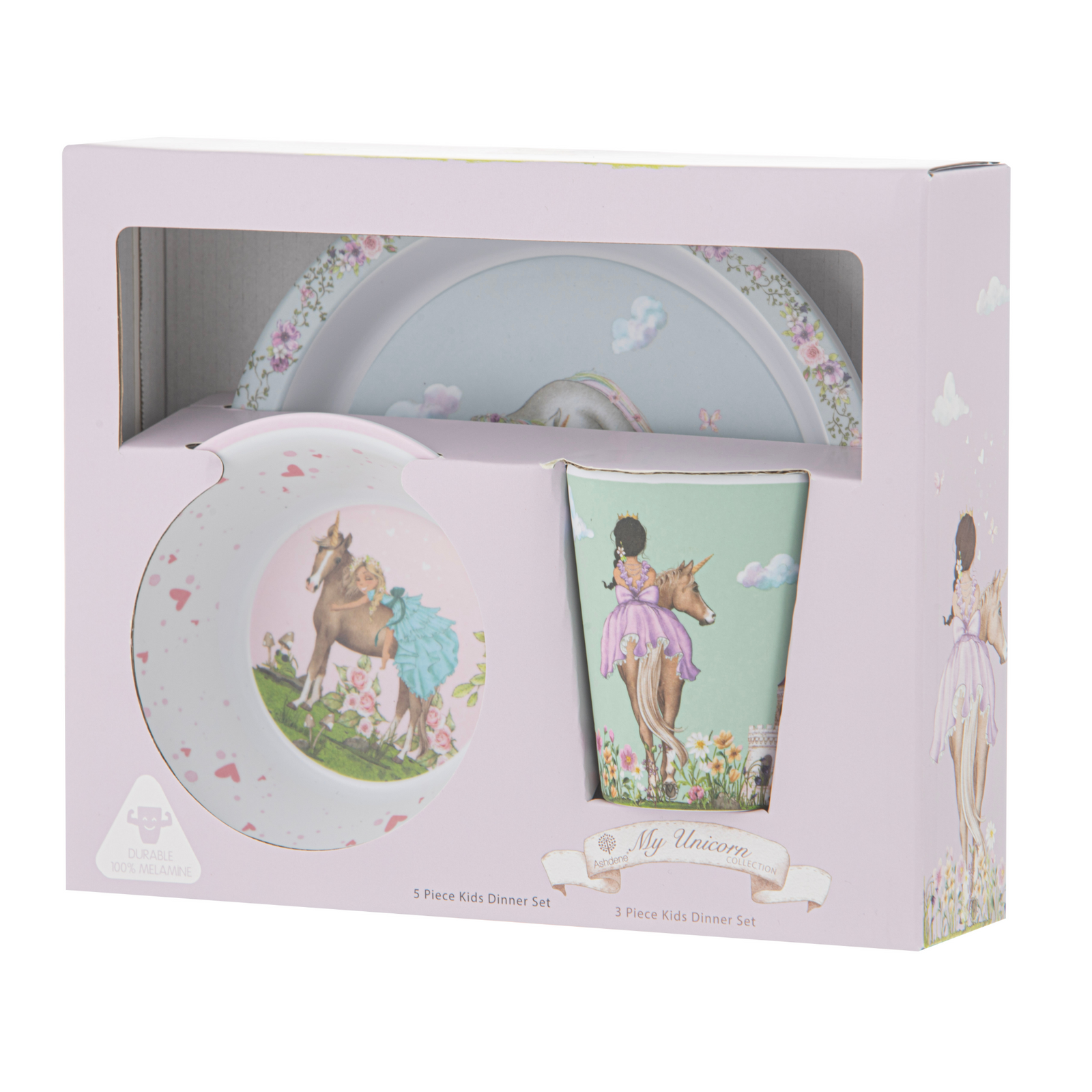 Ashdene My Unicorn 3 Piece Kids Dinner Set. Children's dinner set with plate, bowl, and cup featuring illustrations on a white background