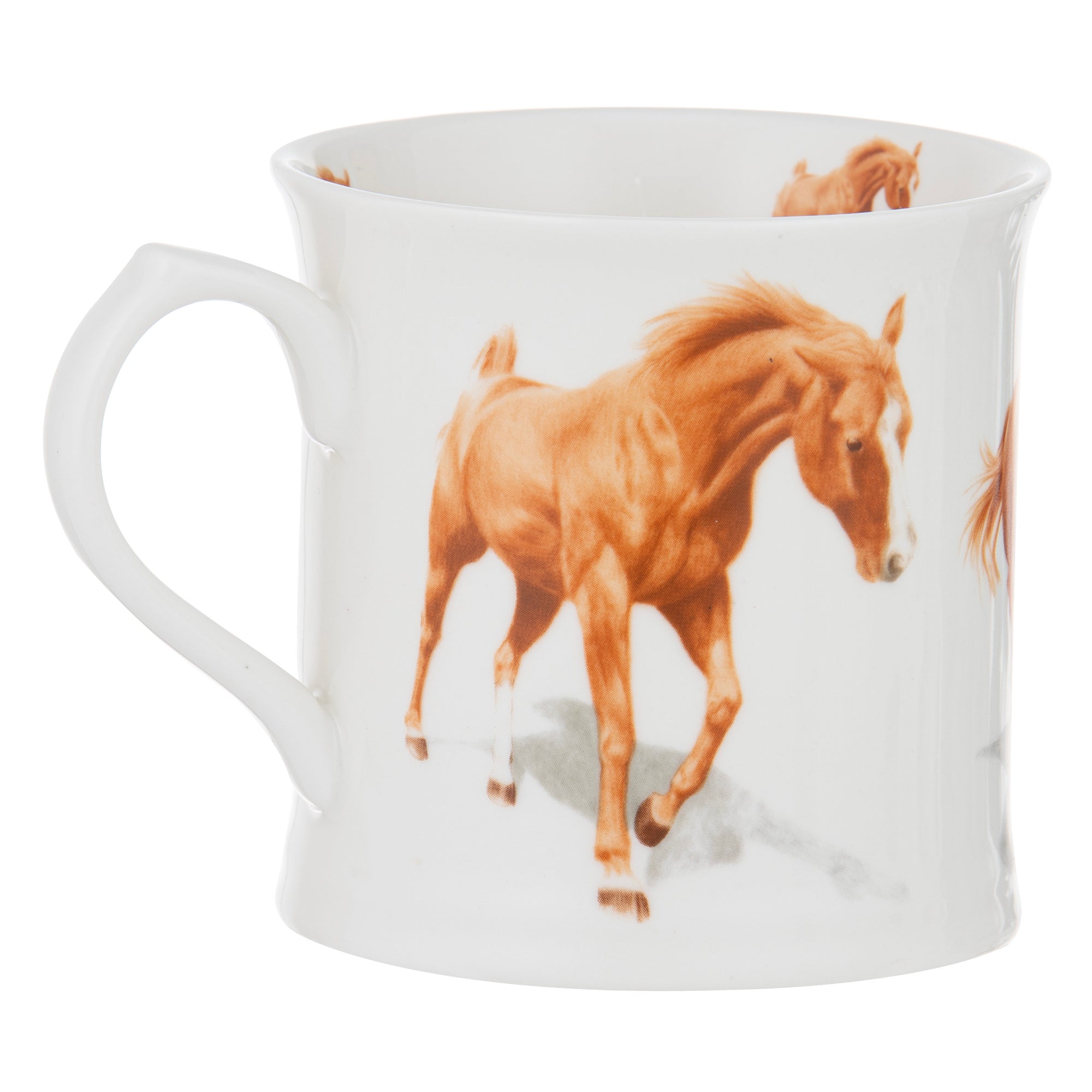 Ashdene Horses By Charlotte Chestnut Mug. White mug with a brown horse design on a white background
