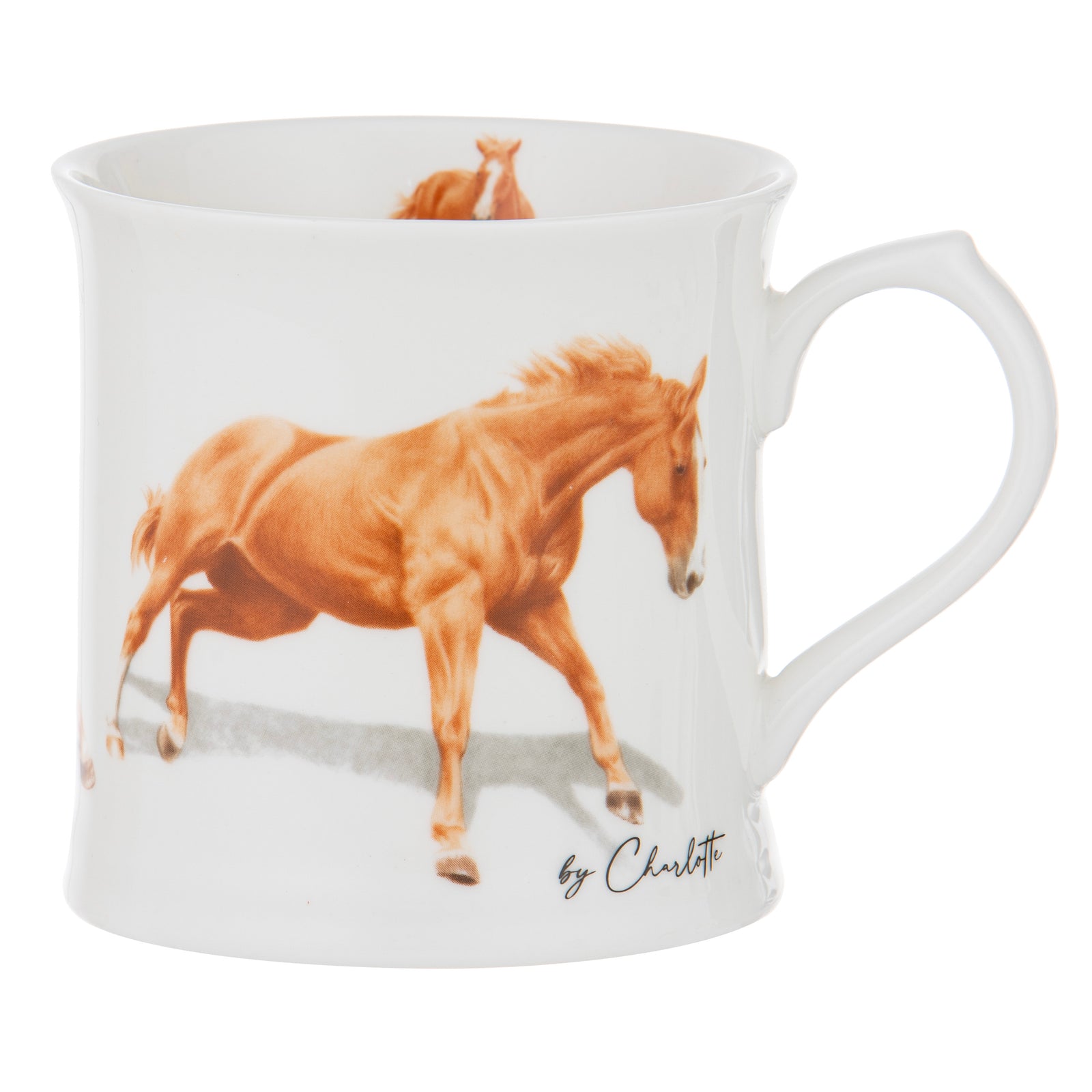 Ashdene Horses By Charlotte Chestnut Mug. Mug with a horse design and 'by Charlotte' text on a white background