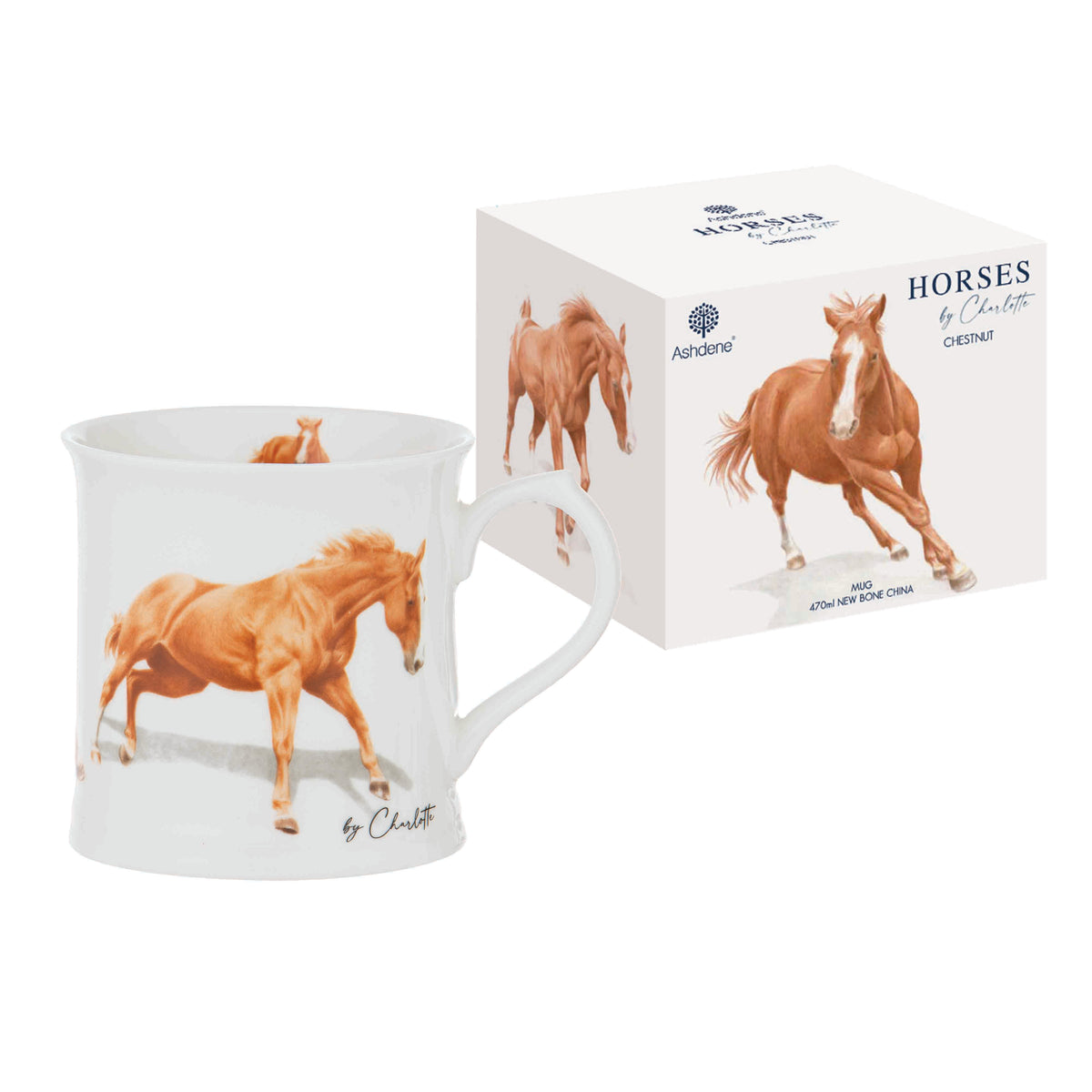 Ashdene Horses By Charlotte Chestnut Mug. Mug with horse design and packaging on a white background