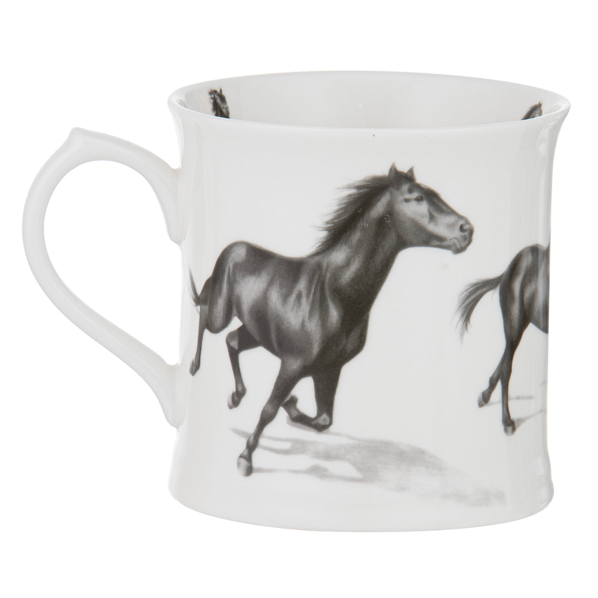 Ashdene Horses By Charlotte Black Mug. White mug with black horse illustrations on a white background