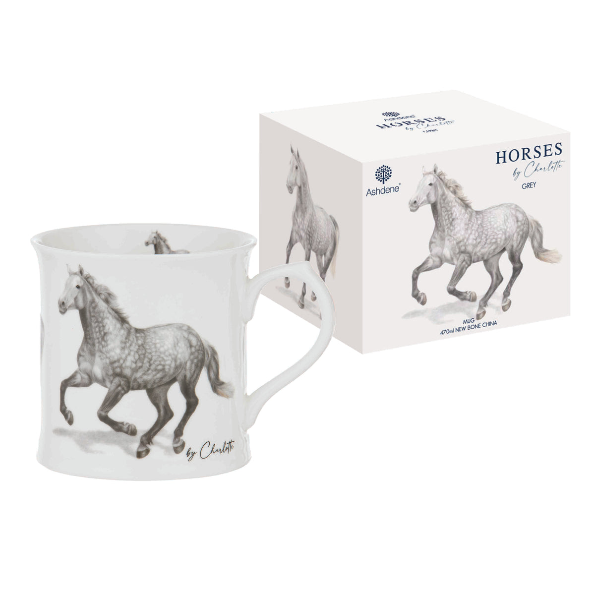 Ashdene Horses By Charlotte Grey Mug. Mug with horse design and packaging on a white background