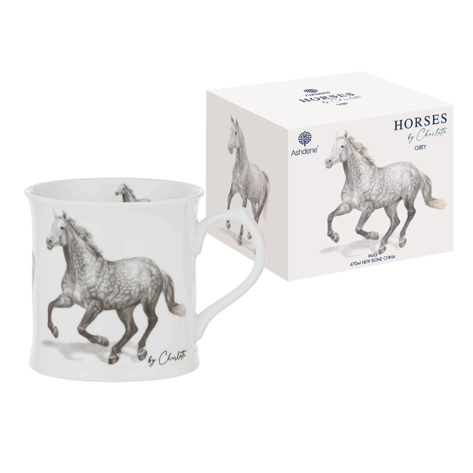 Ashdene Horses By Charlotte Grey Mug. Mug with horse design and packaging on a white background