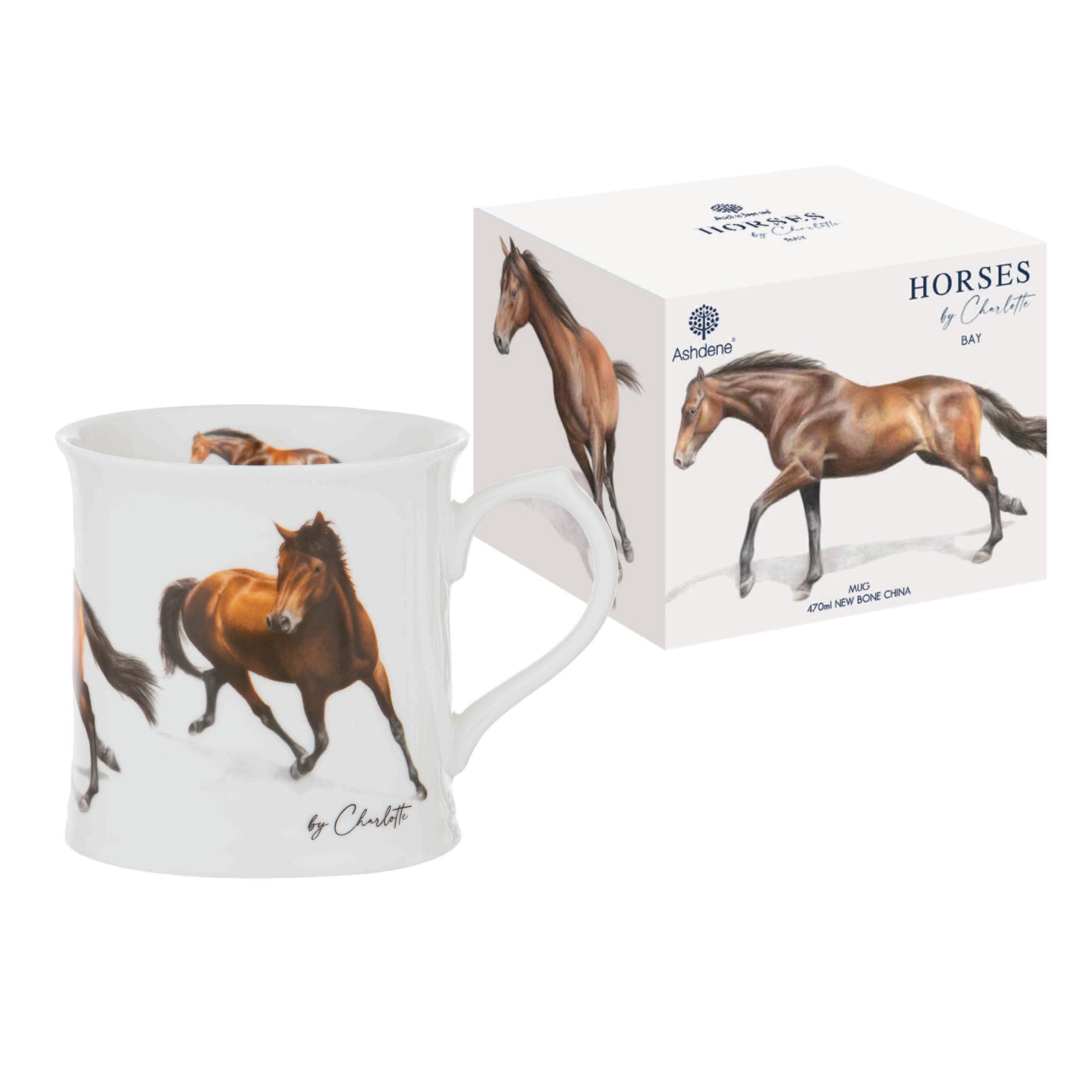 Ashdene Horses By Charlotte Bay Mug. Mug with horse design and 'by Charlotte' text on a white background