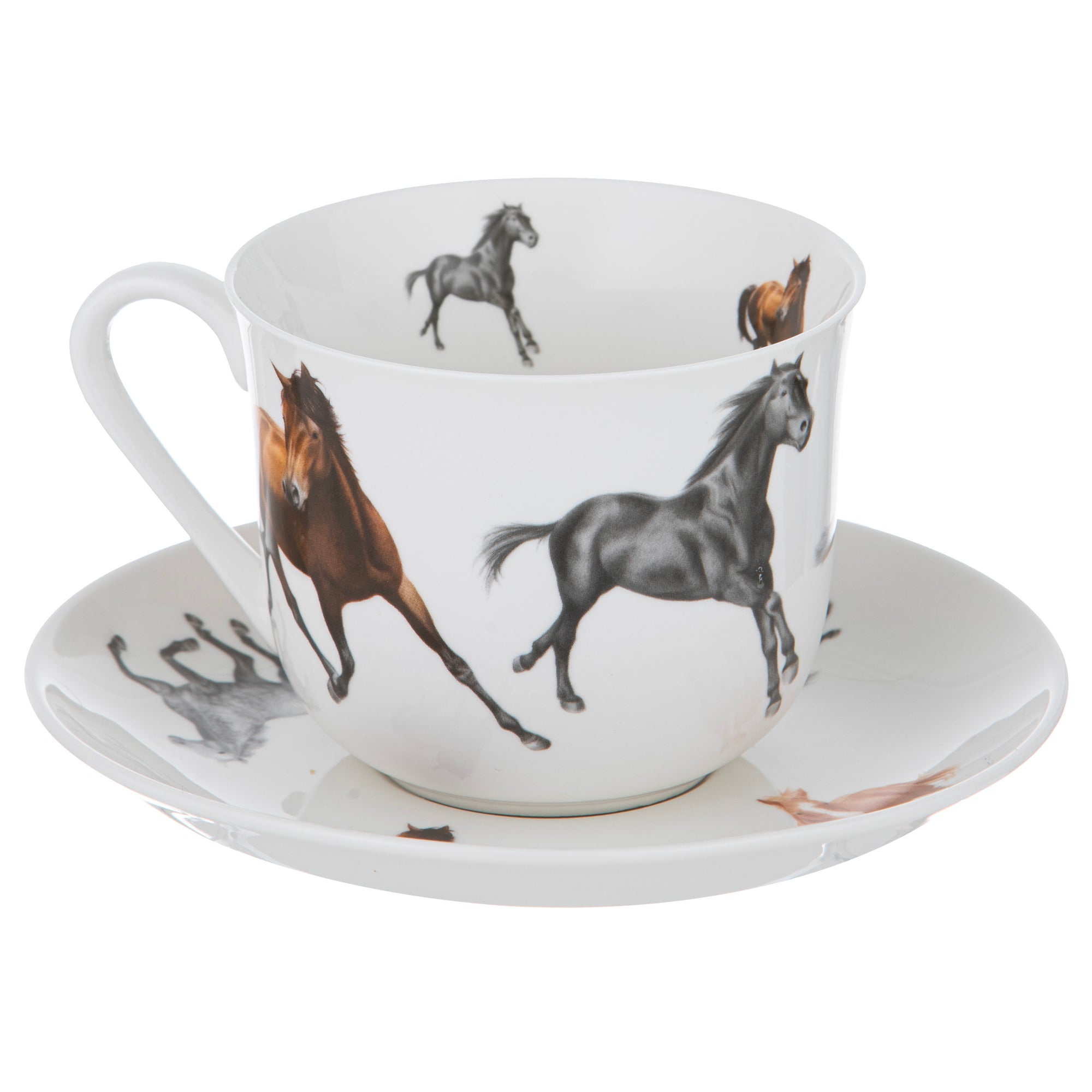 Ashdene Horses By Charlotte Cup & Saucer. Ceramic cup and saucer with horse designs on a white background