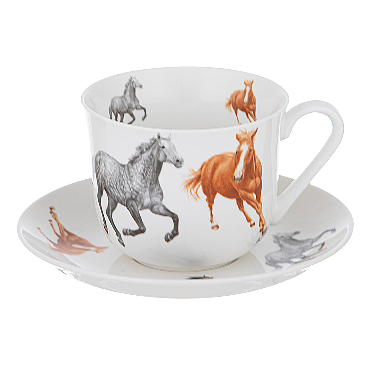 Ashdene Horses By Charlotte Cup &amp; Saucer. Teacup and saucer with horse illustrations on a white background