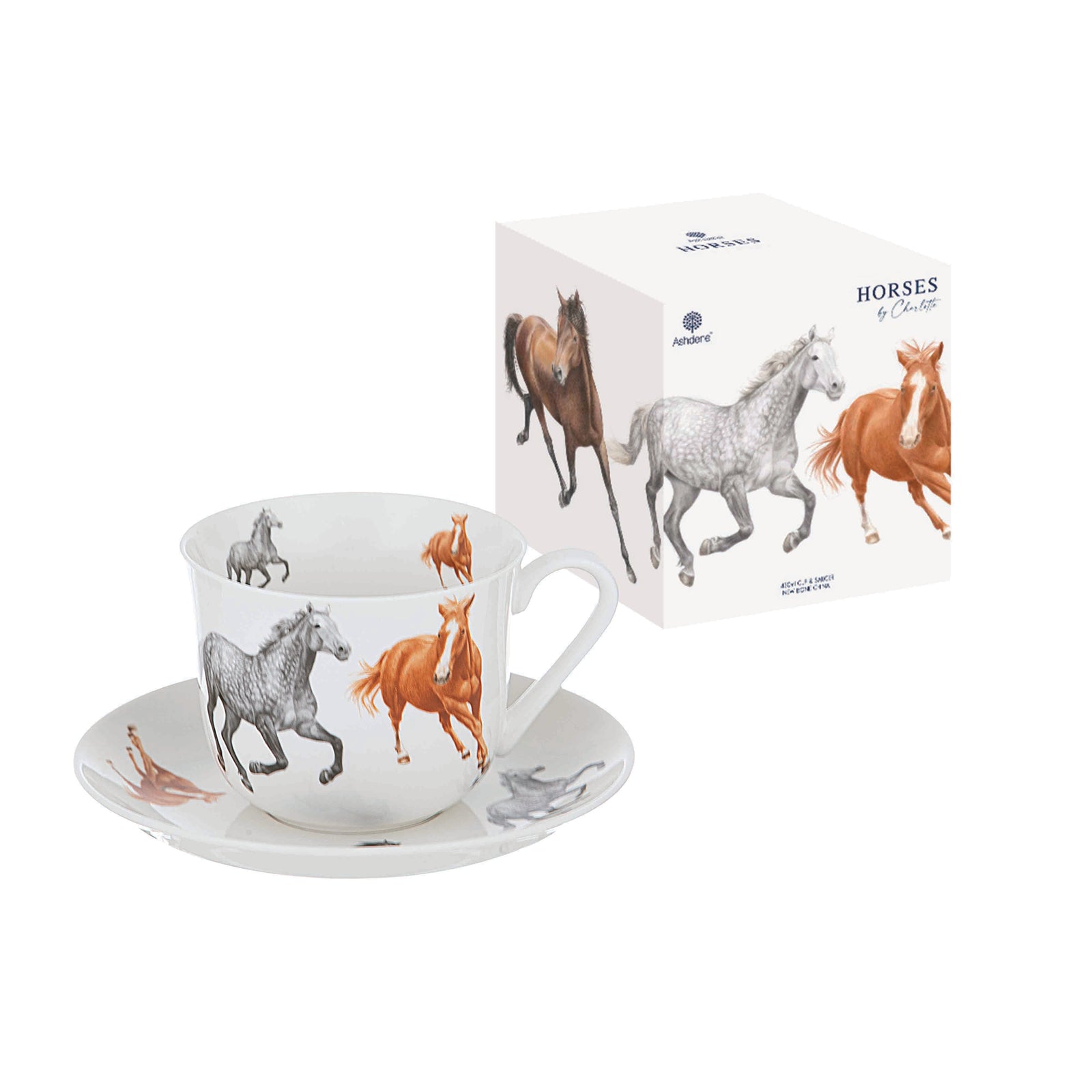 Ashdene Horses By Charlotte Cup & Saucer. Ceramic cup and saucer with horse design on a white background