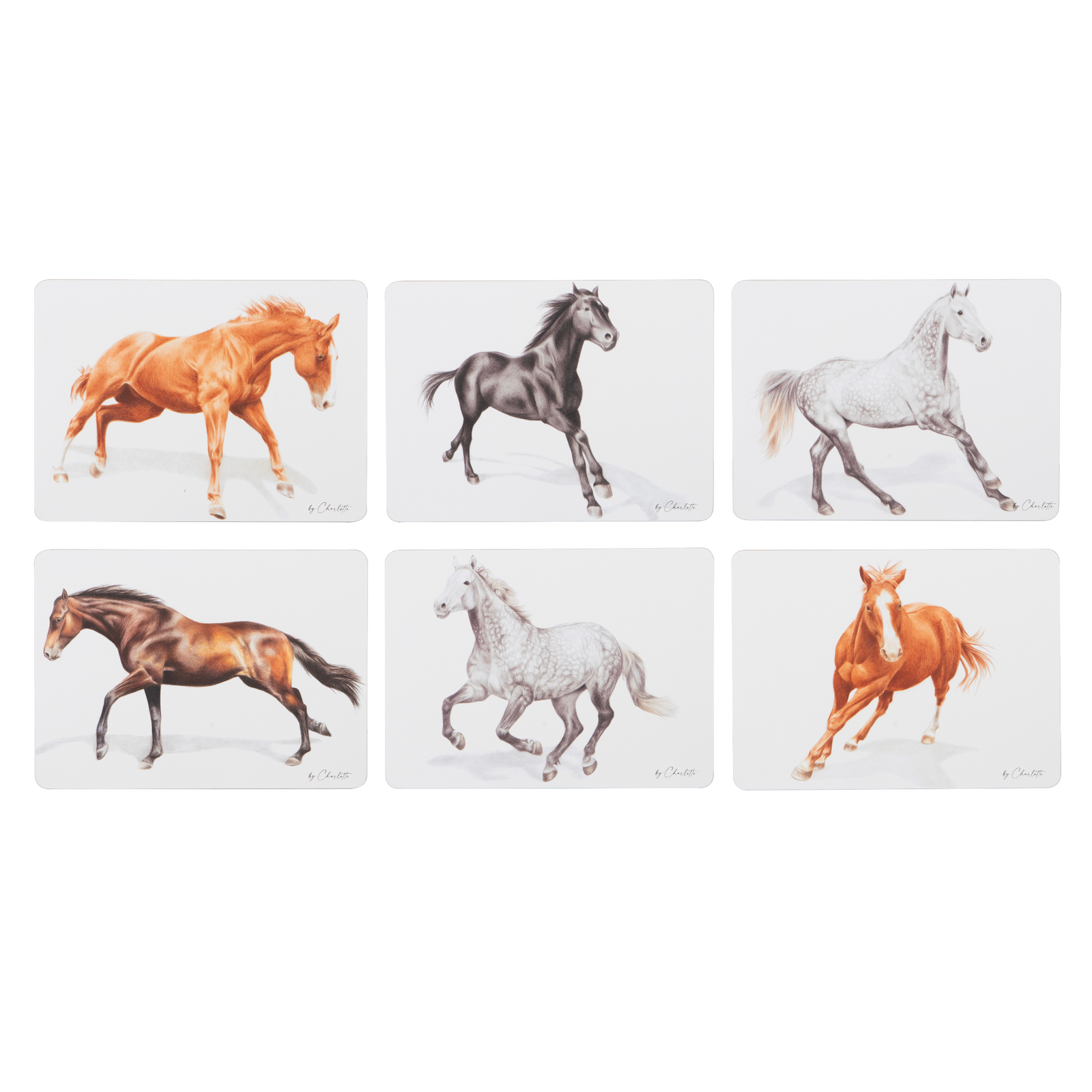 Ashdene Horses By Charlotte 6pk Placemat. Set of six horse coasters on a white background