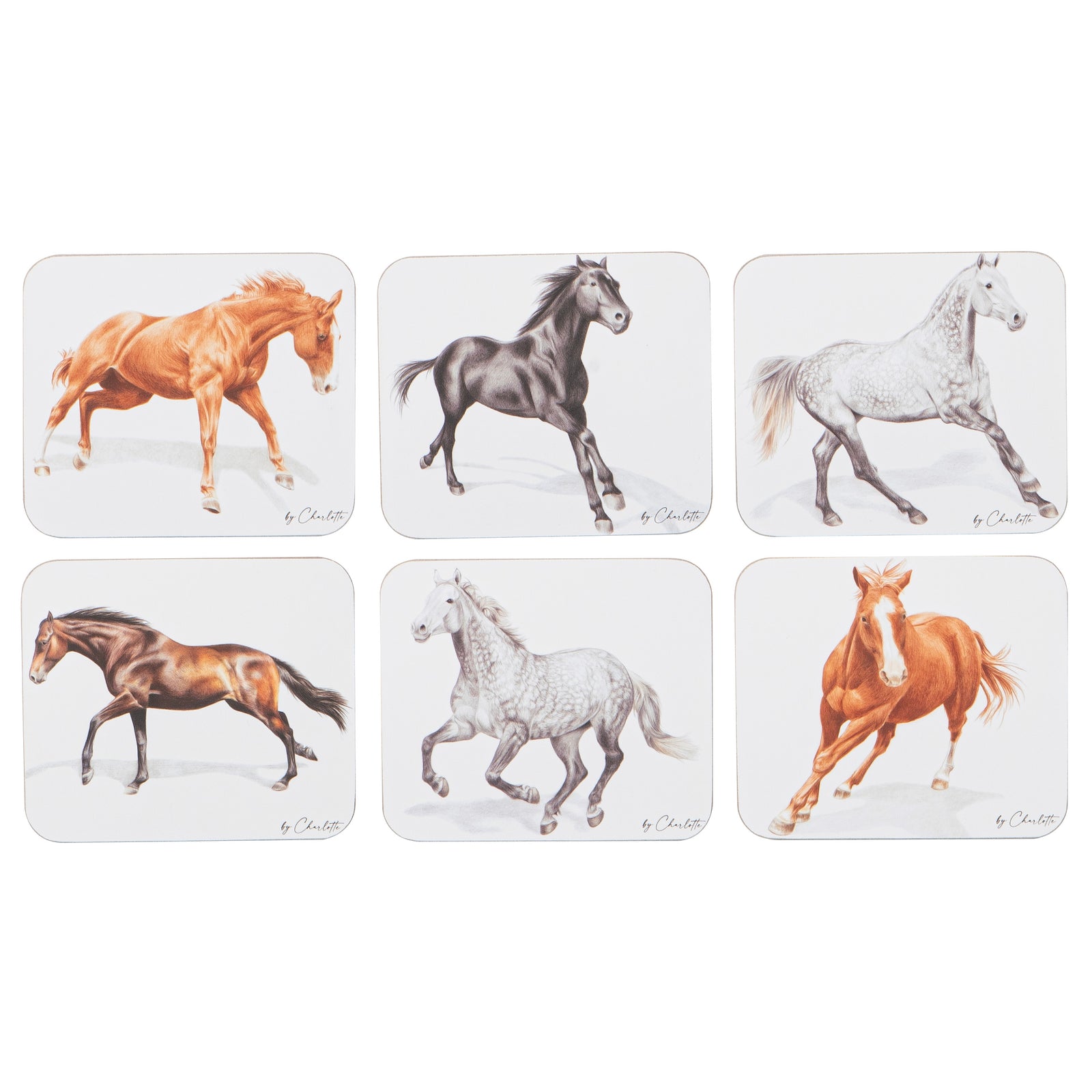 Ashdene Horses By Charlotte 6pk Coaster. Set of six coasters with horse illustrations on a white background