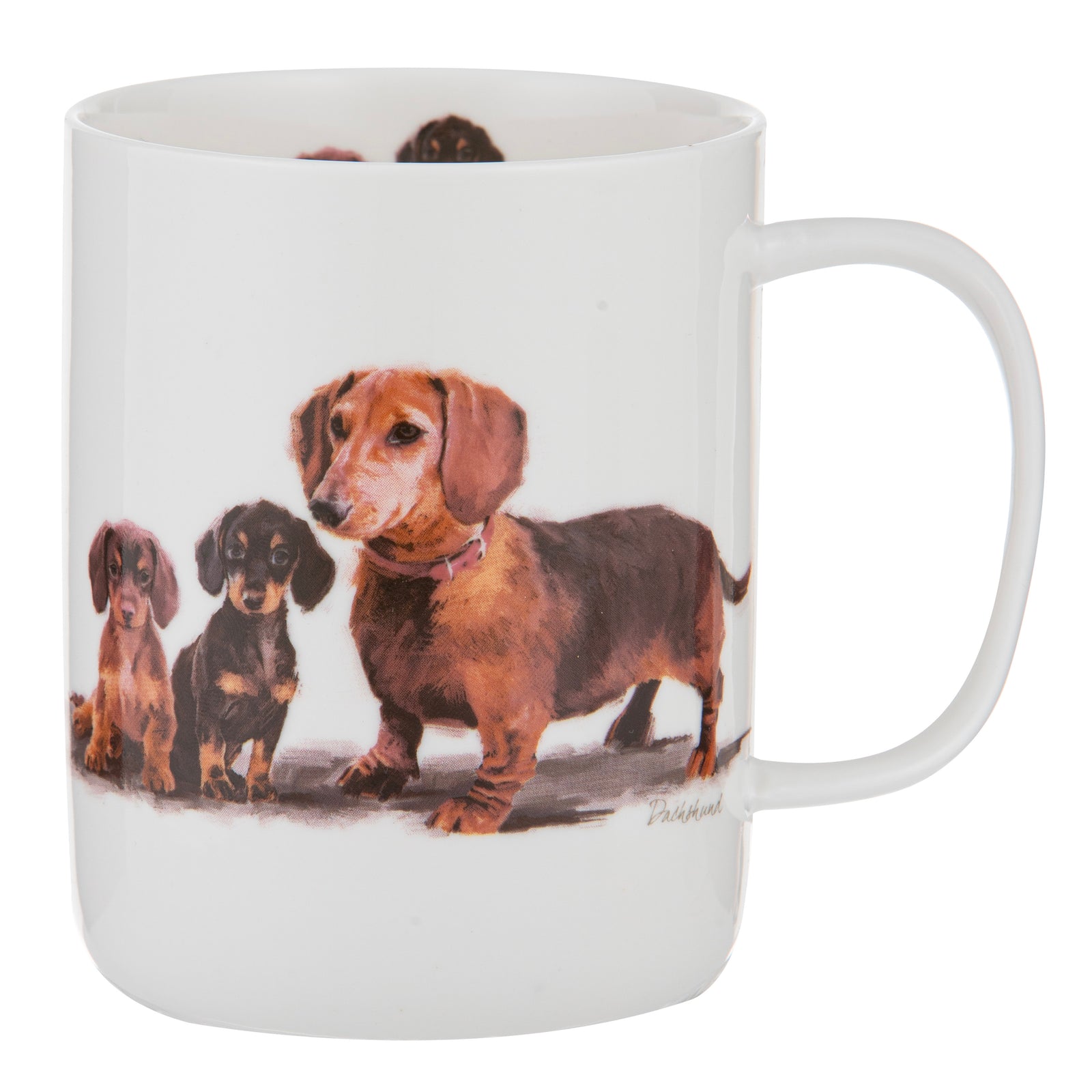 Ashdene Puppy Love Dachshund Mug. Mug with dachshund design on a white background