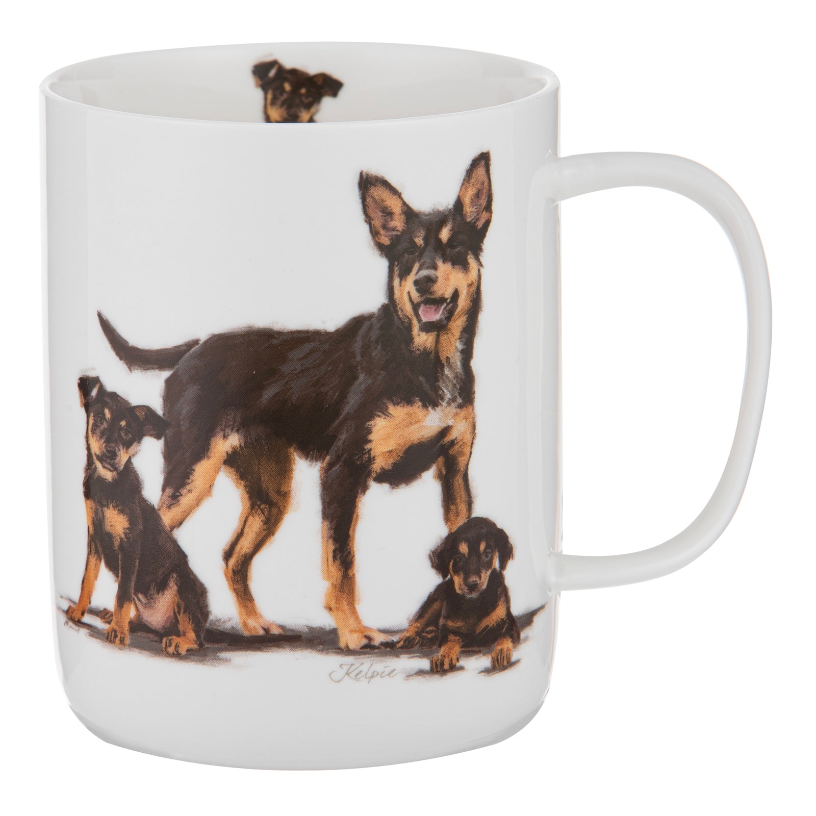Ashdene Puppy Love Kelpie Mug. Mug with a design of a dog and two puppies on a white background