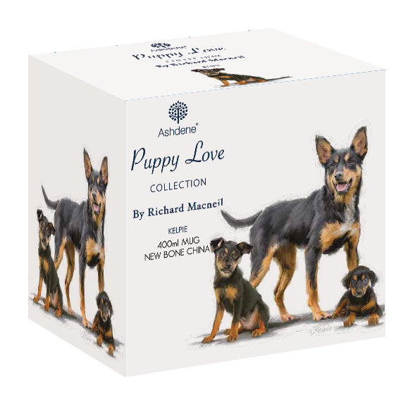 Ashdene Puppy Love Kelpie Mug. Mug with a design of a dog and two puppies on a white background
