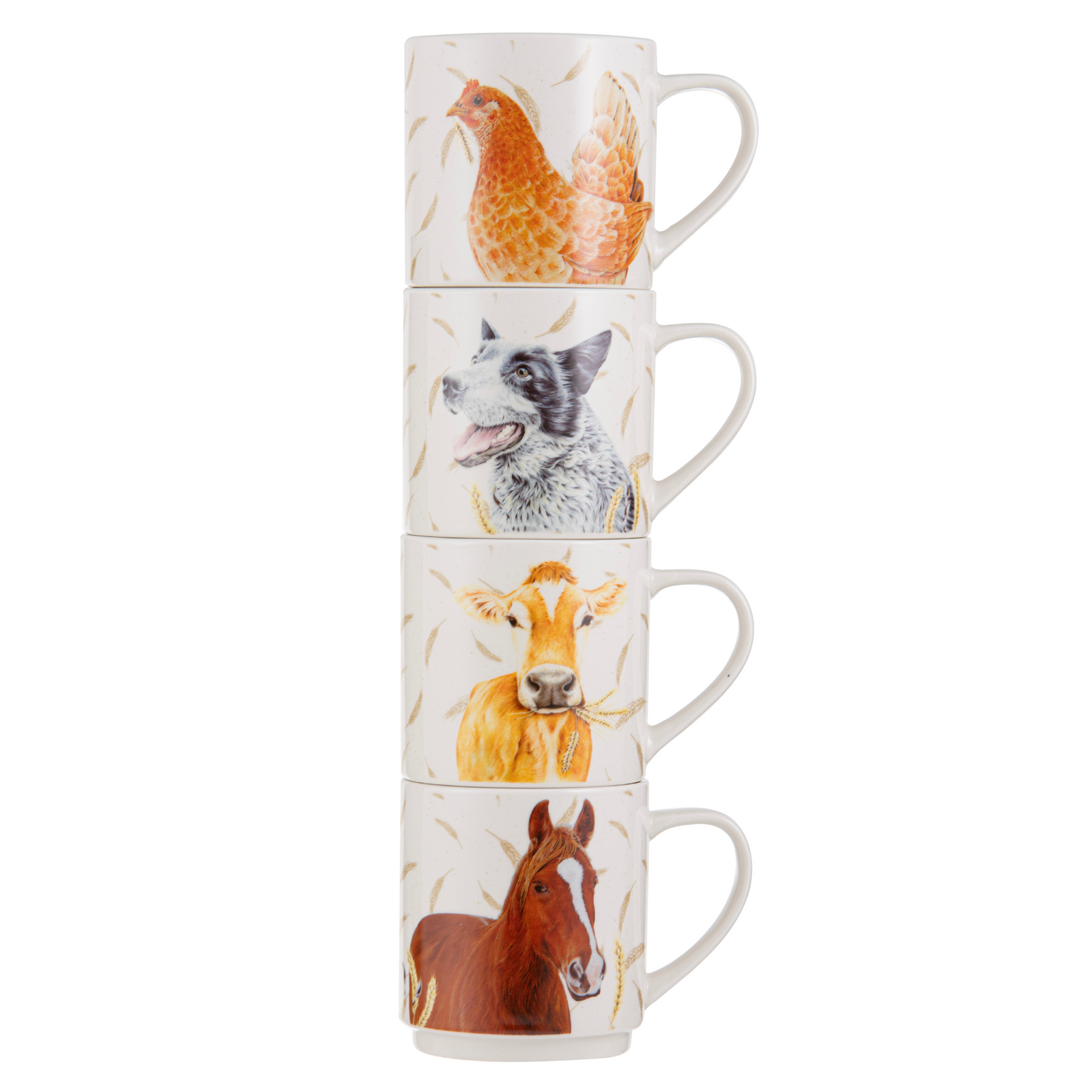 Ashdene Farmyard Faces 2 Stackable 4pk Mu. Stack of four mugs with animal illustrations on a white background
