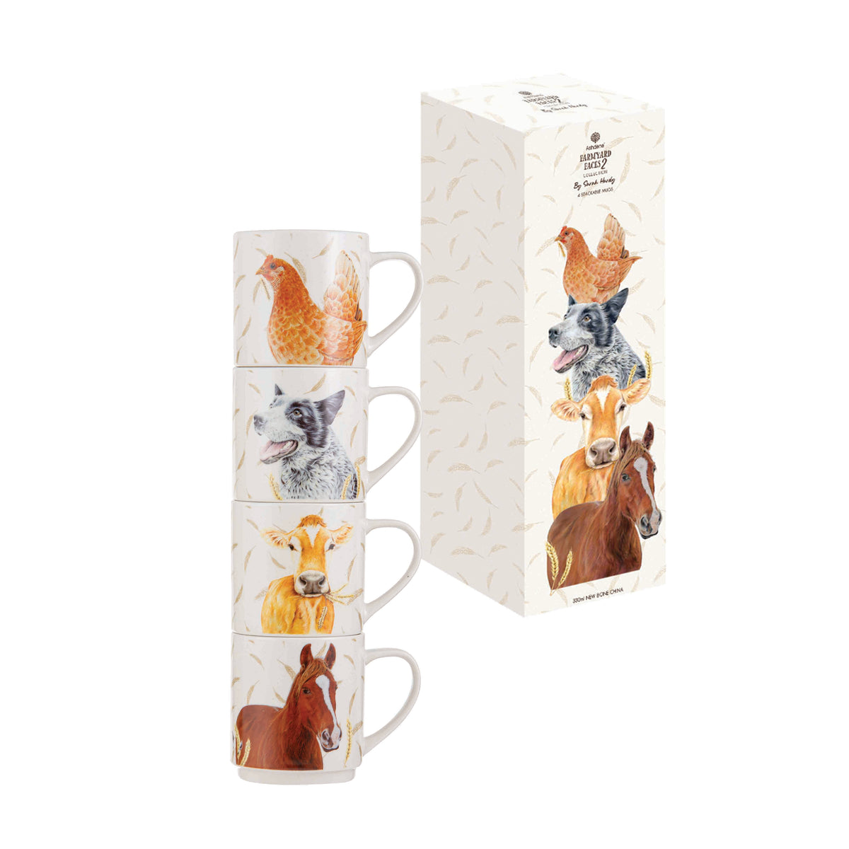 Ashdene Farmyard Faces 2 Stackable 4pk Mu. Set of four animal-themed mugs with a packaging box on a white background